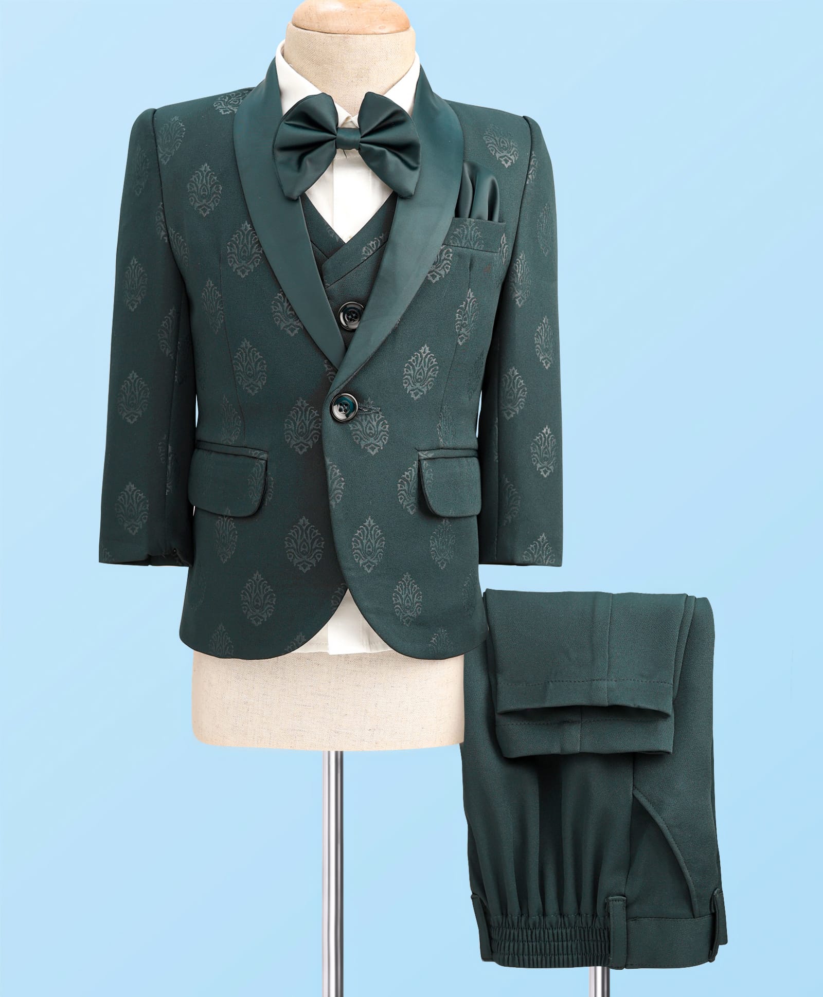 Robo Fry Cotton Knit Full Sleeves 4 Piece Printed Party Suit With A Bow - Dark Green-picture-43