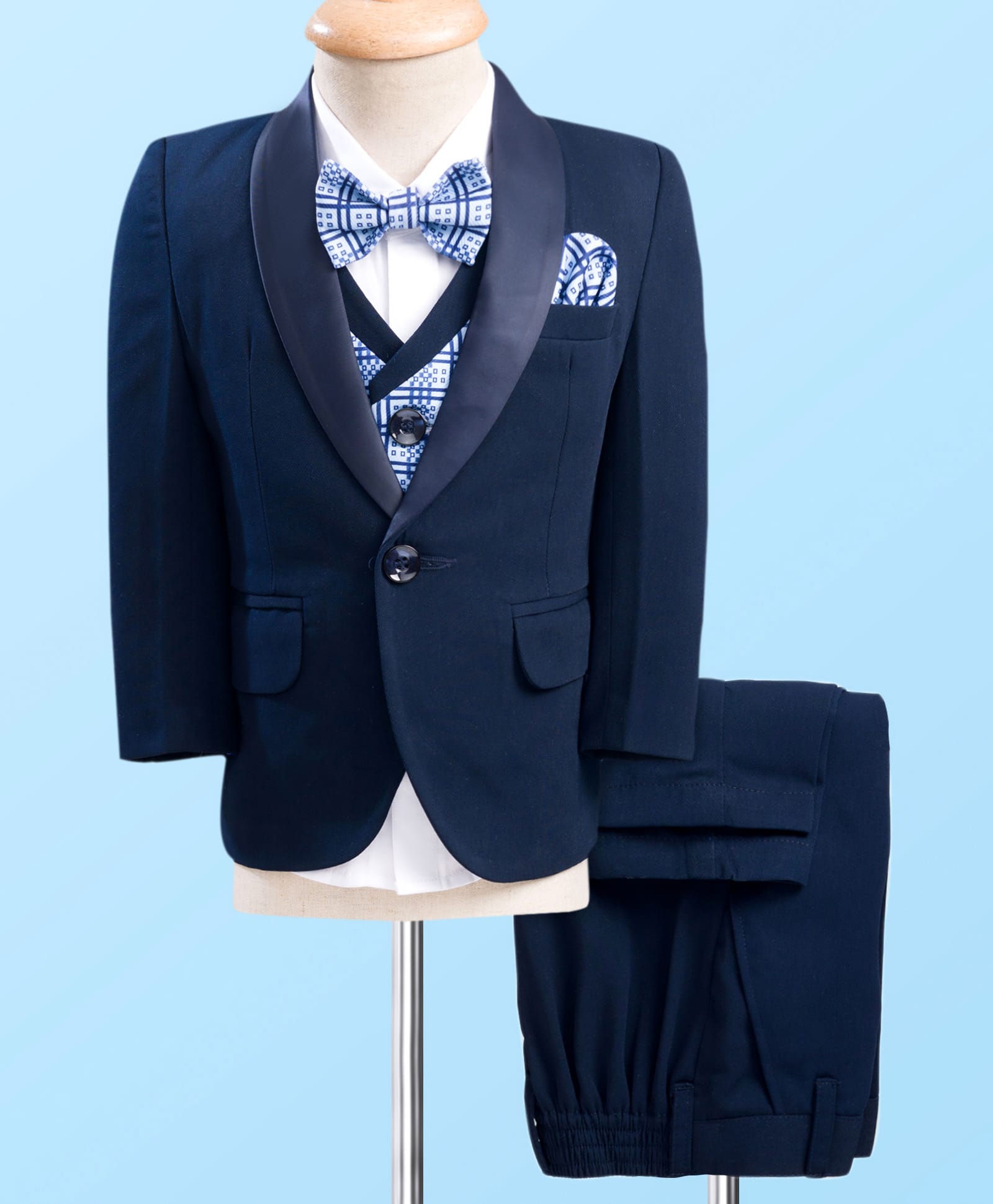 Robo Fry Cotton Woven Full Sleeves Check 4 Piece Party Suit With Bow - Navy Blue-picture-32