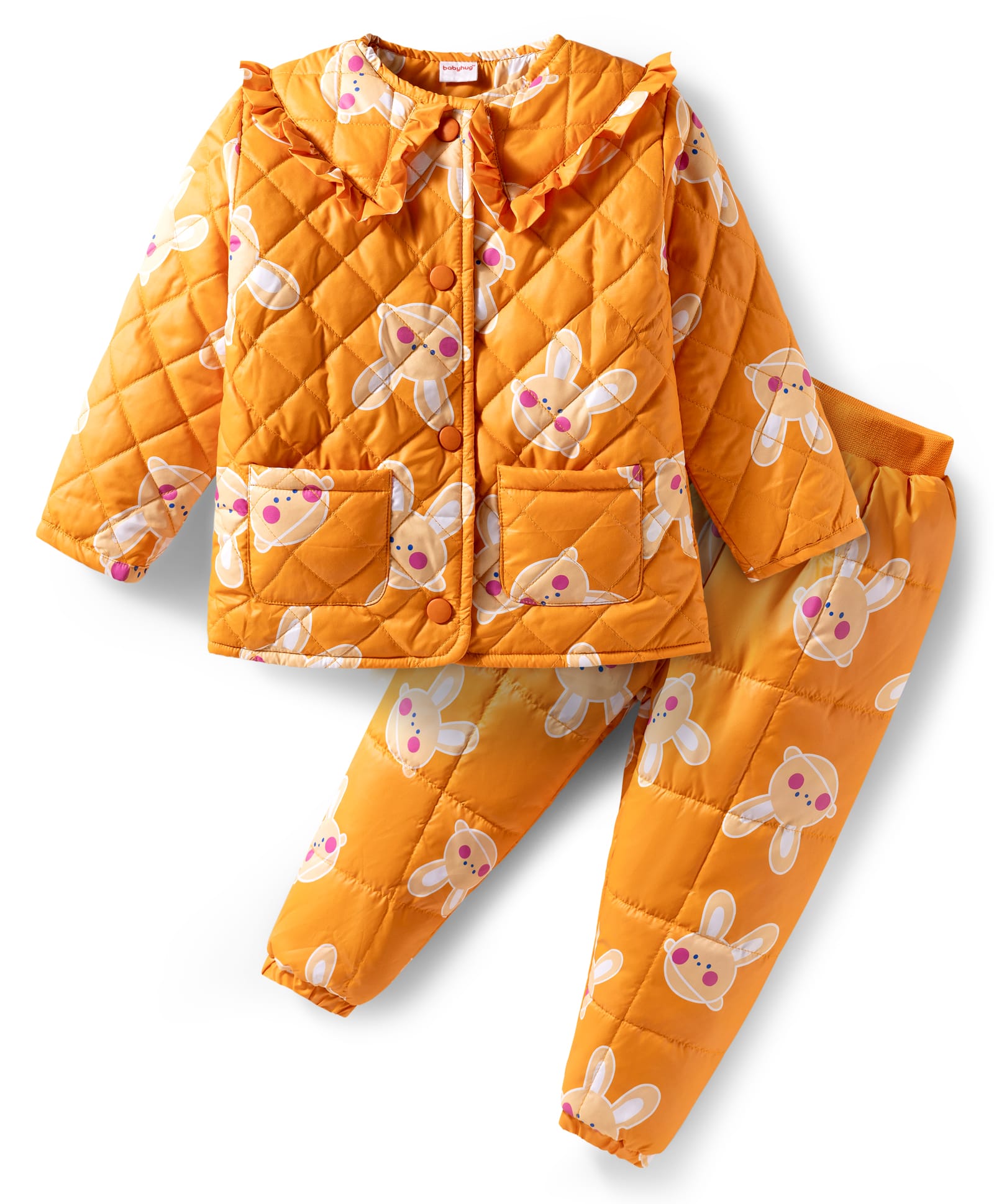 Babyhug Woven Full Sleeves Winter Wear Suits with Bunny Print & Pocket - Yellow-picture-14
