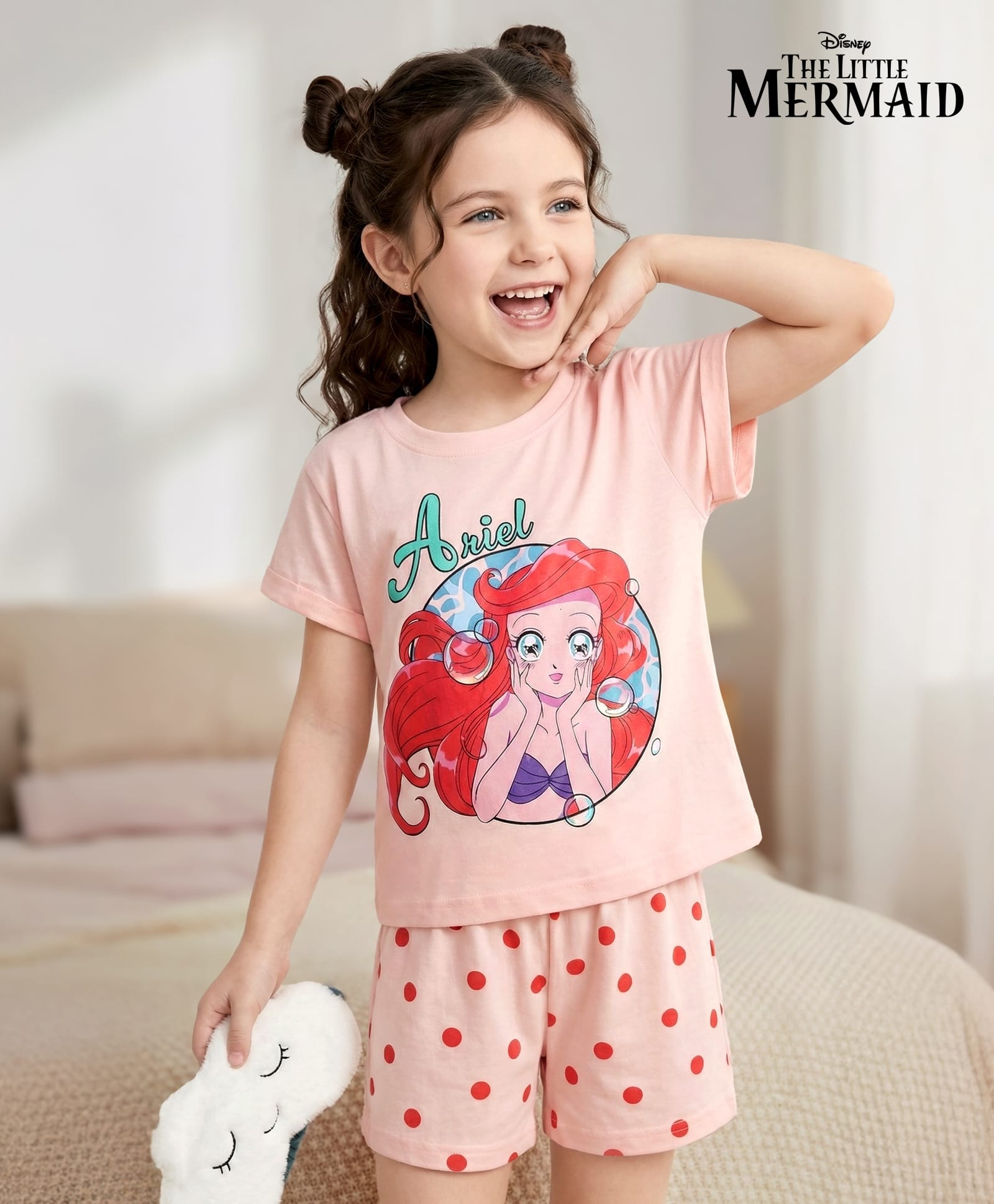 Pine Kids Disney Single Jersey Knit Half Sleeves Shorts Night Suit with Disney Princess Ariel Graphics - Pink-picture-33