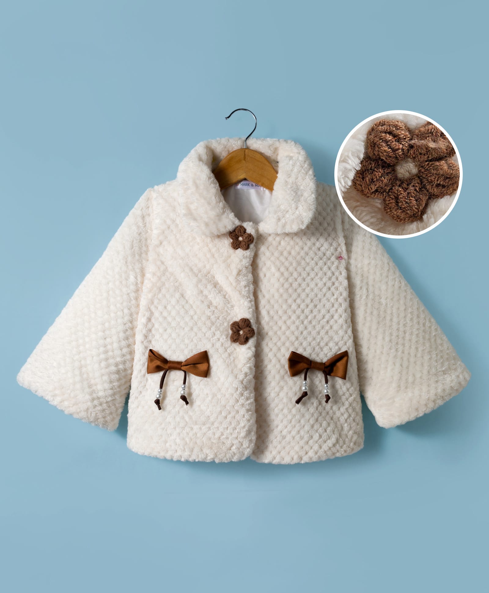Mark & Mia Full Sleeves Winter Jacket With Floral Crochet & Bow Applique - Cream-picture-12