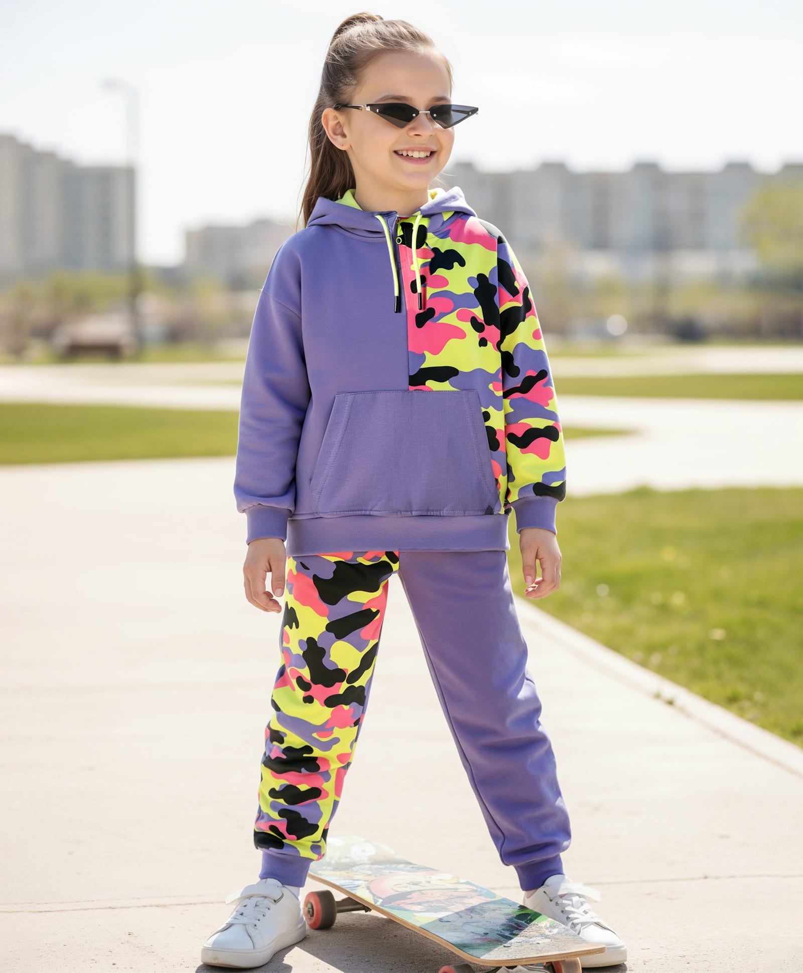 OLLINGTON ST. Cotton Looper Knit Full Sleeves Sweatshirt Hoodie & Knit Joggers with Camouflage Print- Multicolor & Purple-image-33