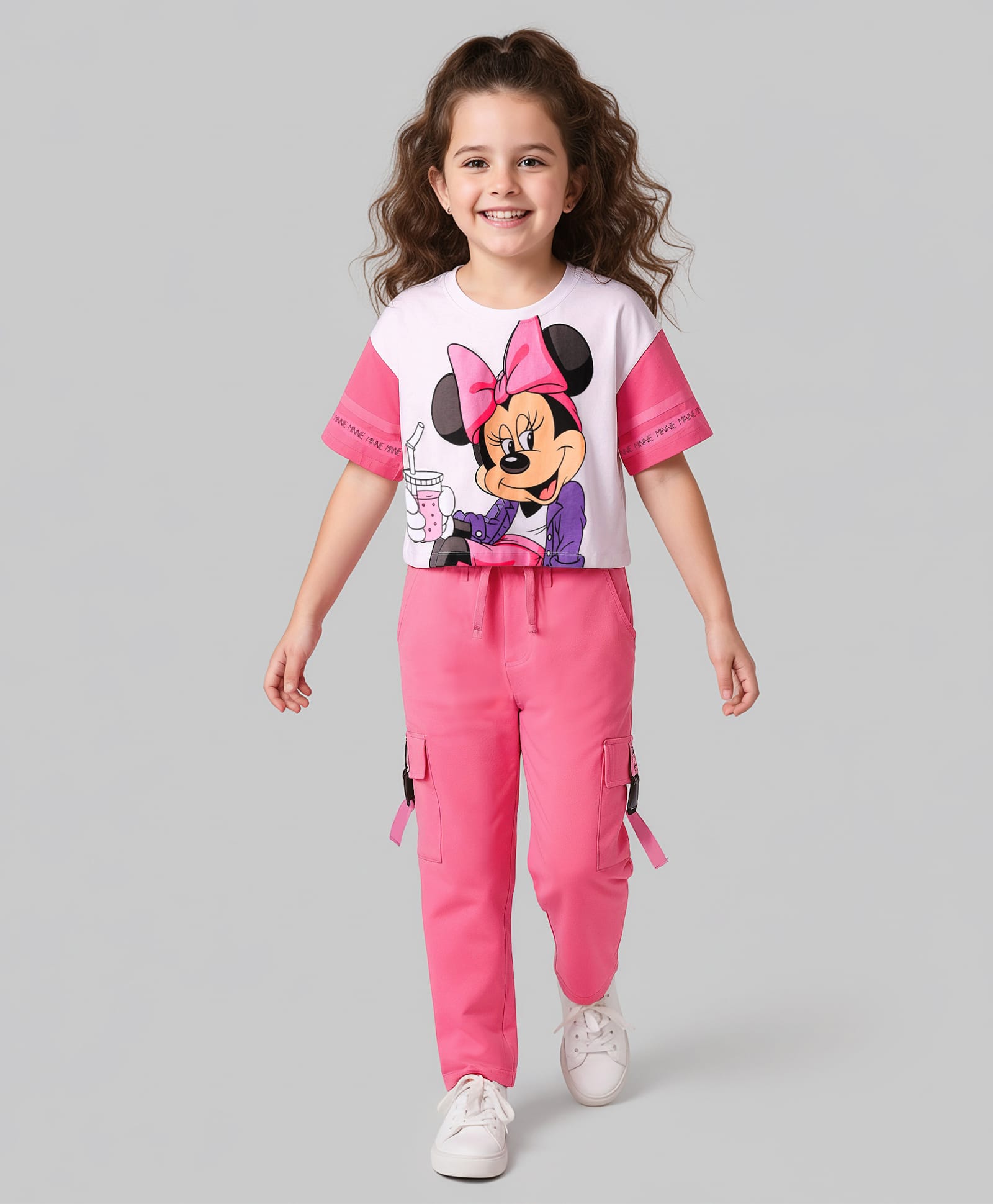 Ollington St. Disney Single Jersey Knit Drop Shoulder Half Sleeves Oversized T-Shirt & Trouser Set with Minnie Mouse Graphics - Pink-image-23