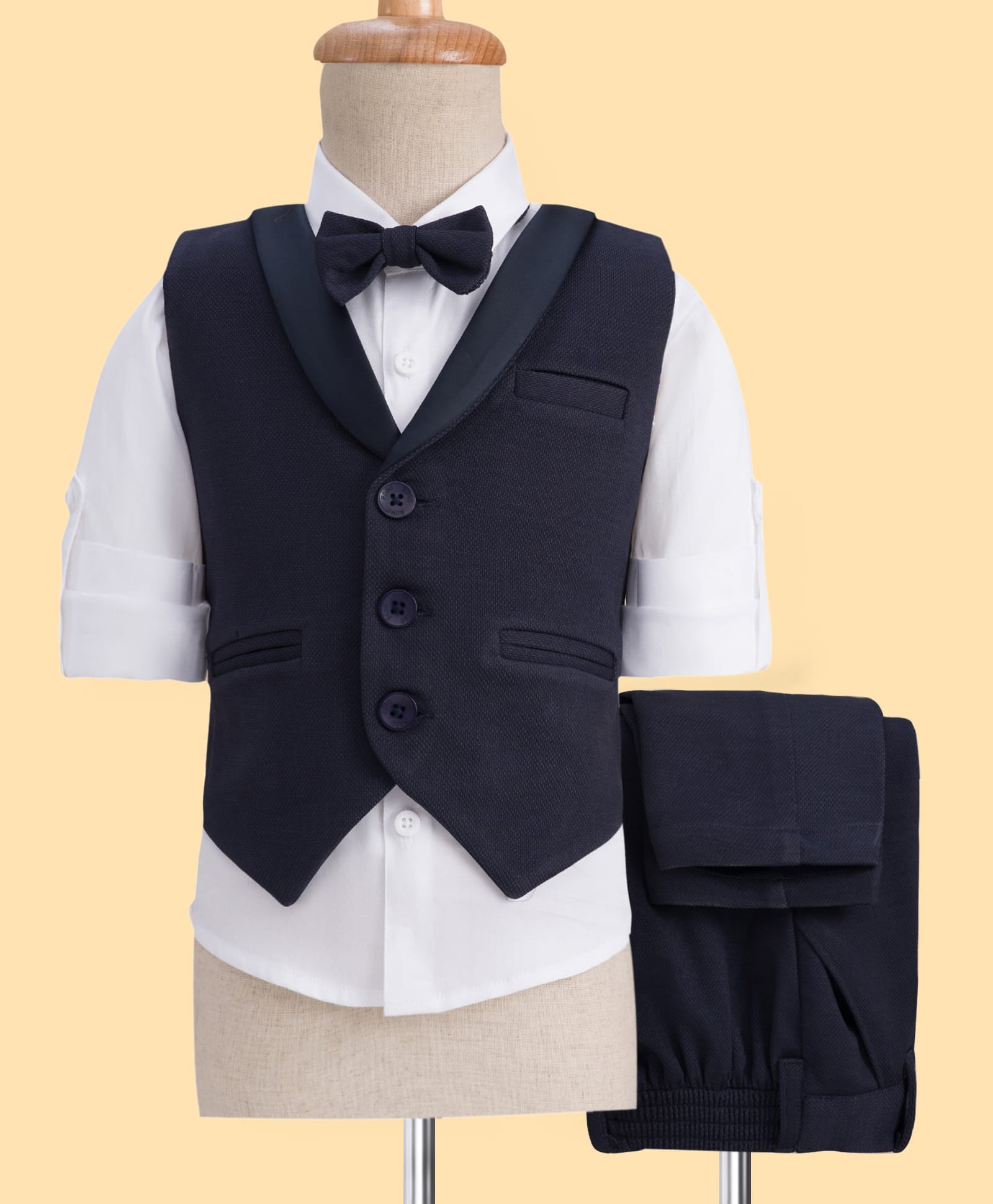 Robo Fry Cotton Woven Full Sleeves Solid 3 Piece Party Suit With Bow - Navy Blue & White-image-46