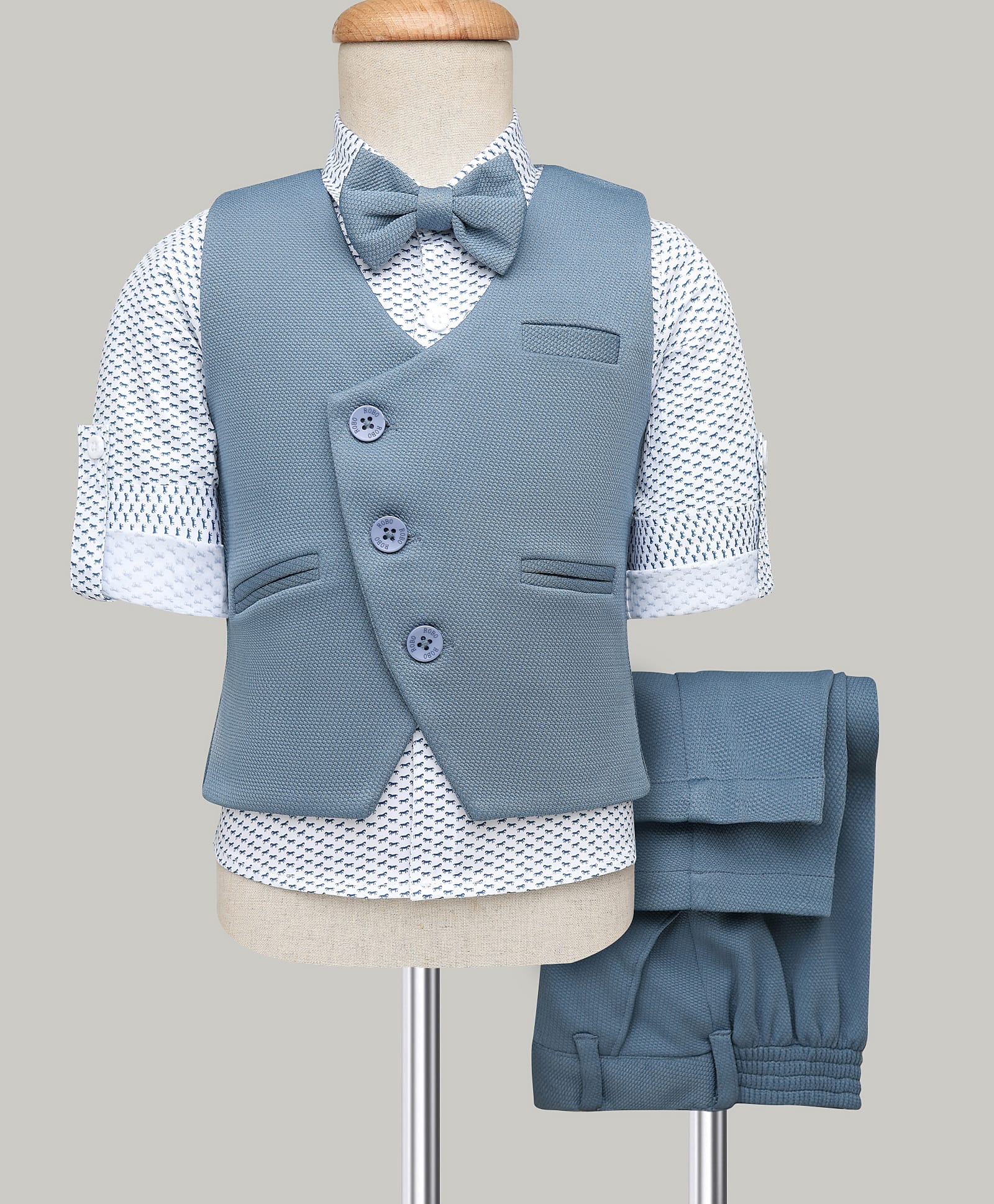 Robo Fry Cotton Woven Full Sleeves 3 Piece Party Suit With Bow - Light Blue-image-45