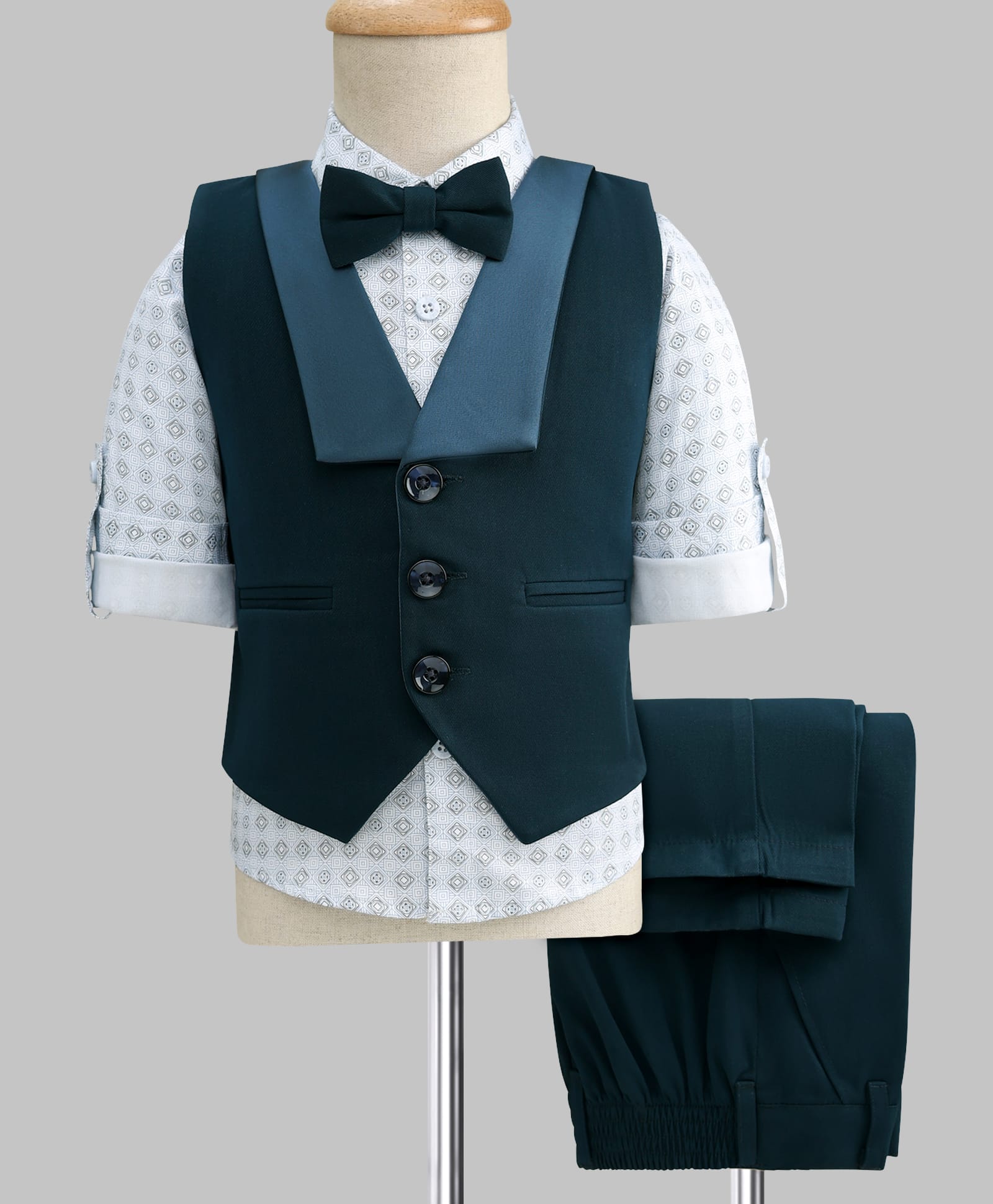 Robo Fry Cotton Woven Full Sleeves Printed 3 Piece Party Suit With Bow - Navy Blue-picture-34