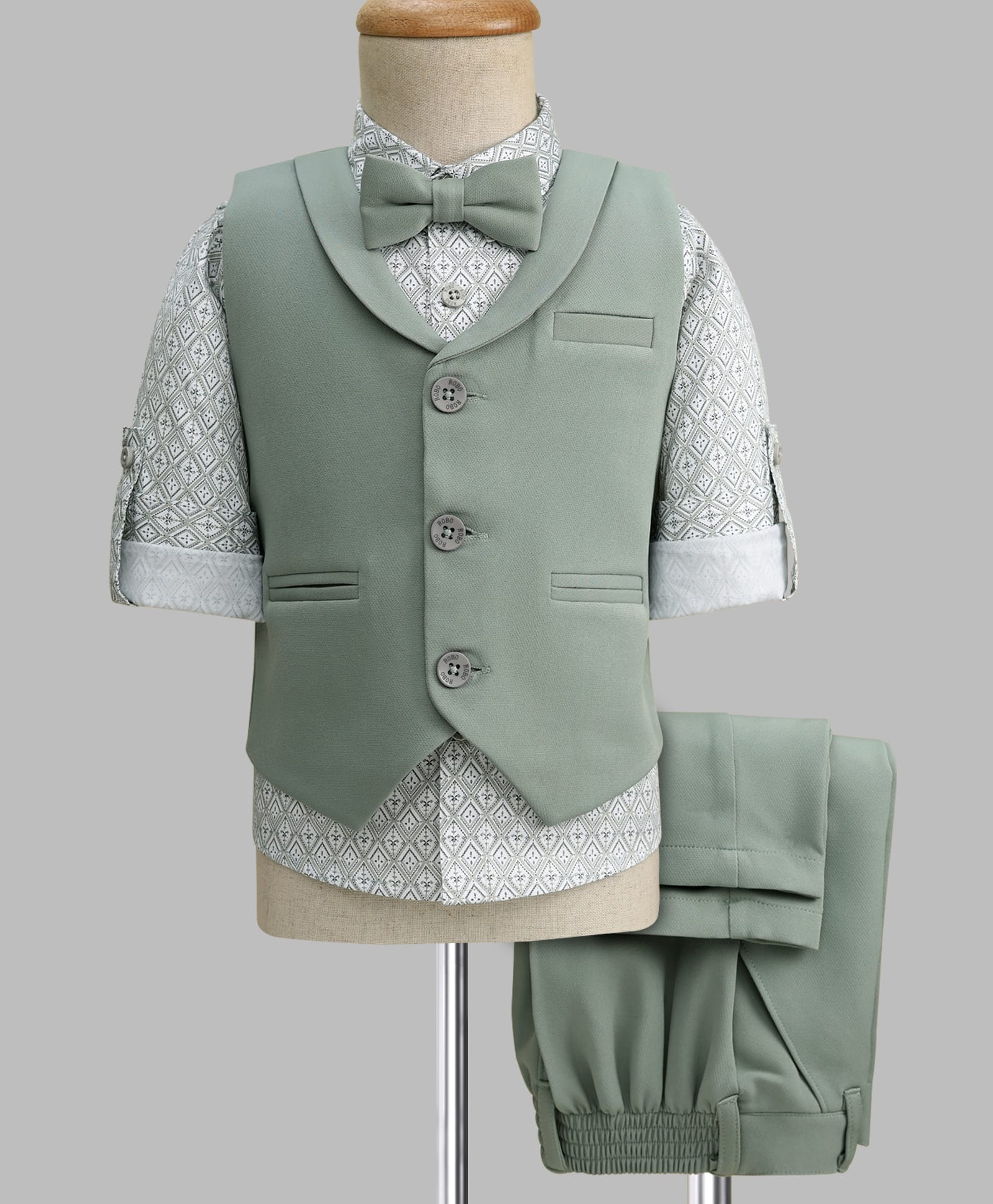 Robo Fry Cotton Woven Full Sleeves Printed 3 Piece Party Suit With Bow - Olive Green-picture-42