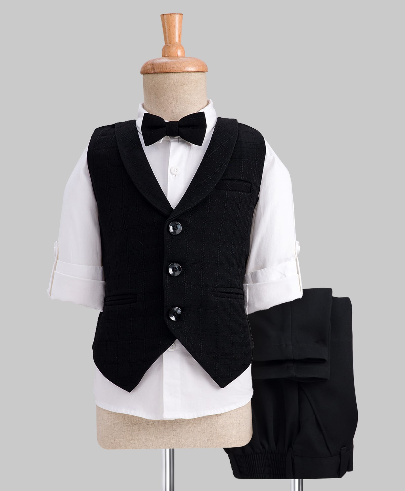 Robo Fry Cotton Woven Full Sleeves Solid Color 3 Pieces Party Suit with Bow - White & Black-picture-26