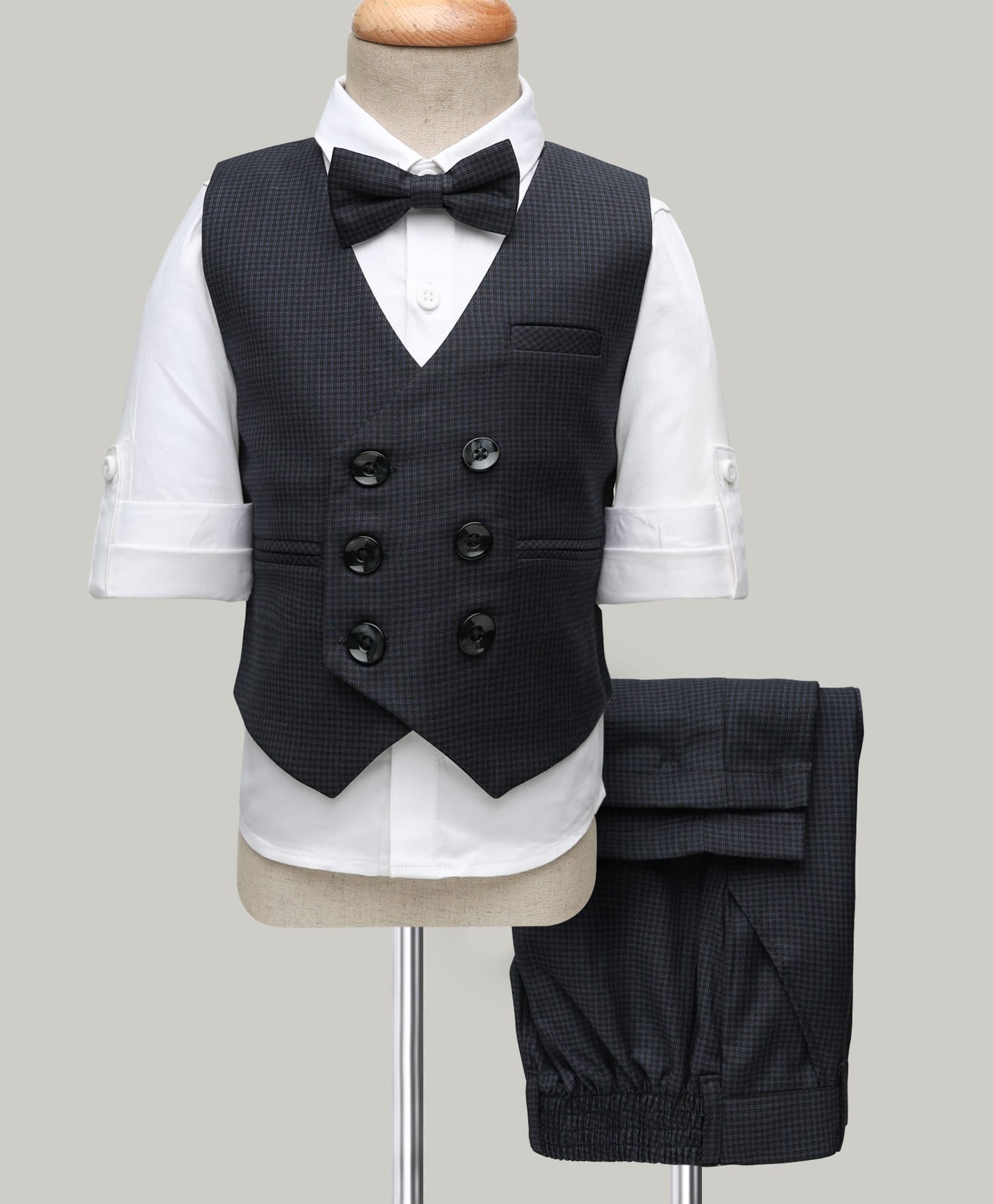 Robo Fry Cotton Woven Full Sleeves 3 Piece Party Suits with Bow & Checks - Navy Blue-picture-27