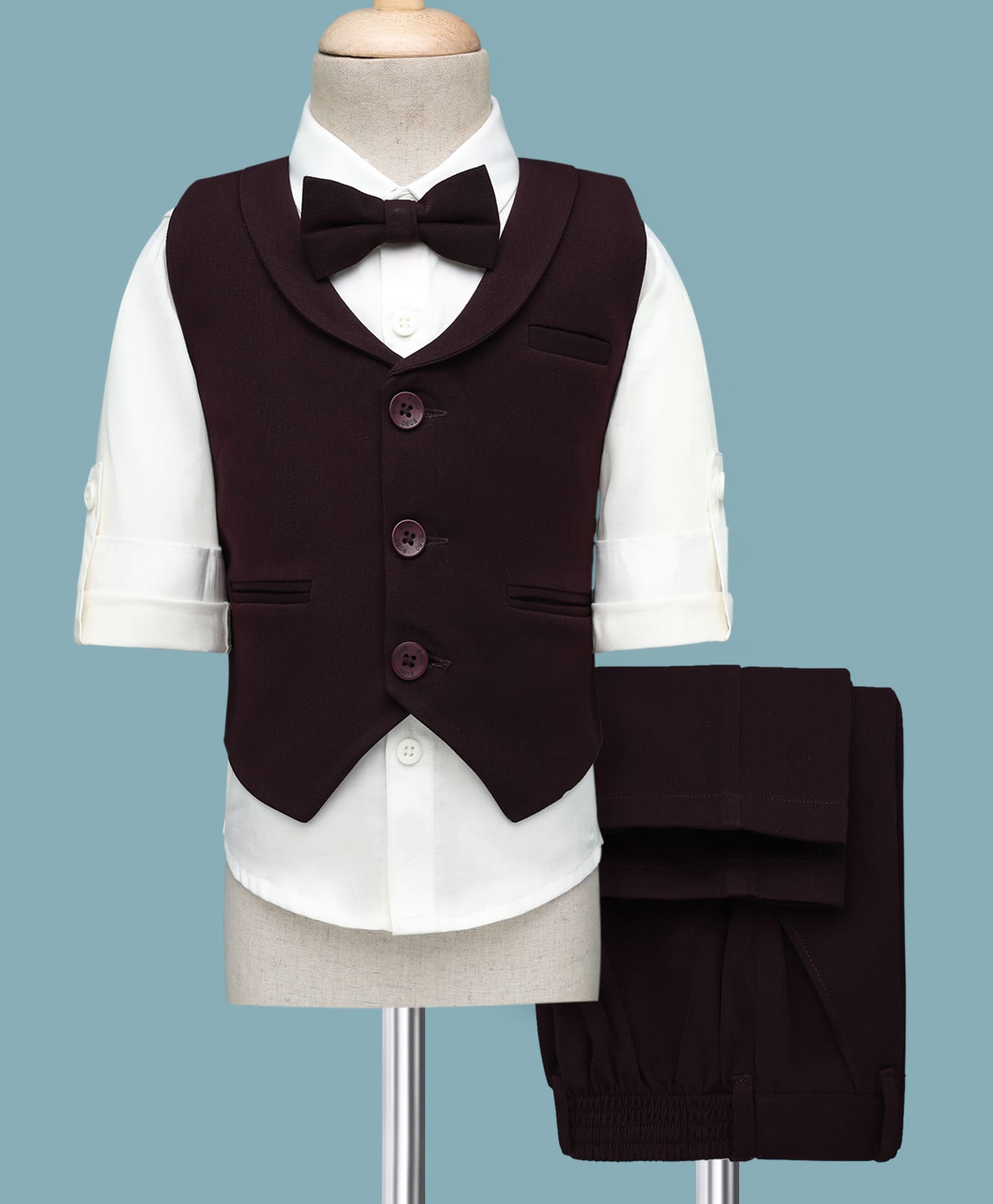 Robo Fry Cotton Woven Full Sleeves 3 Piece Party Suit Set with Bow Applique - Dark Purple-image-25