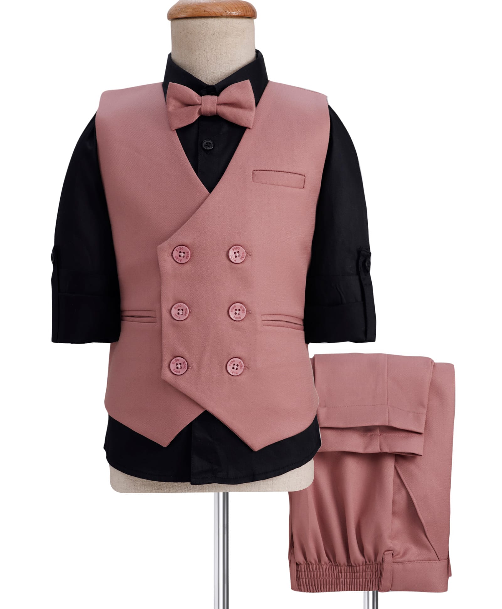 Robo Fry Cotton Woven Full Sleeves Solid Color 3 Piece Party Suit with Bow - Pink-picture-23