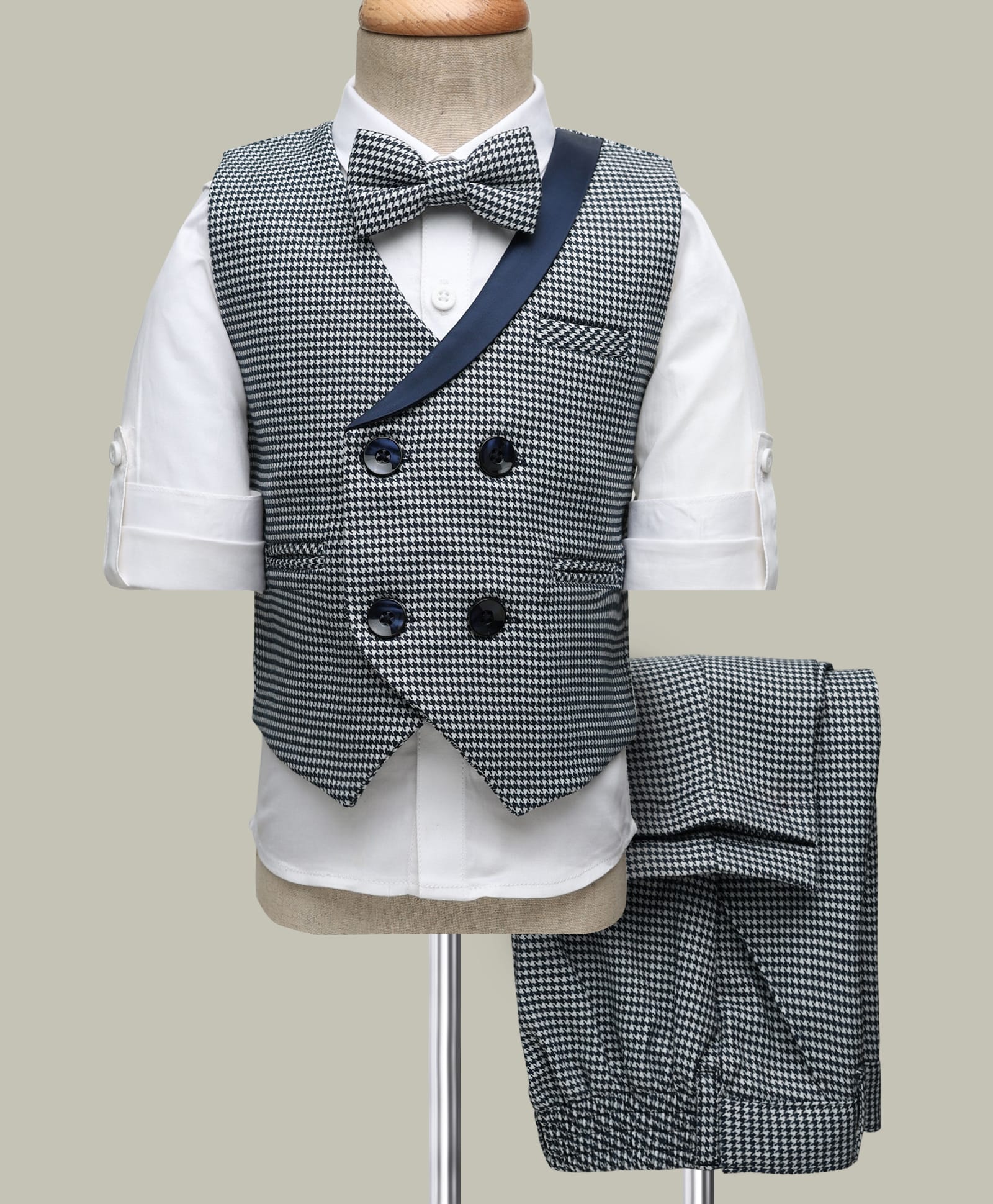 Robo Fry Cotton Woven Full Sleeves 3 Piece Party Suits with Bow & Houndstooth Pattern - Navy Blue-picture-17