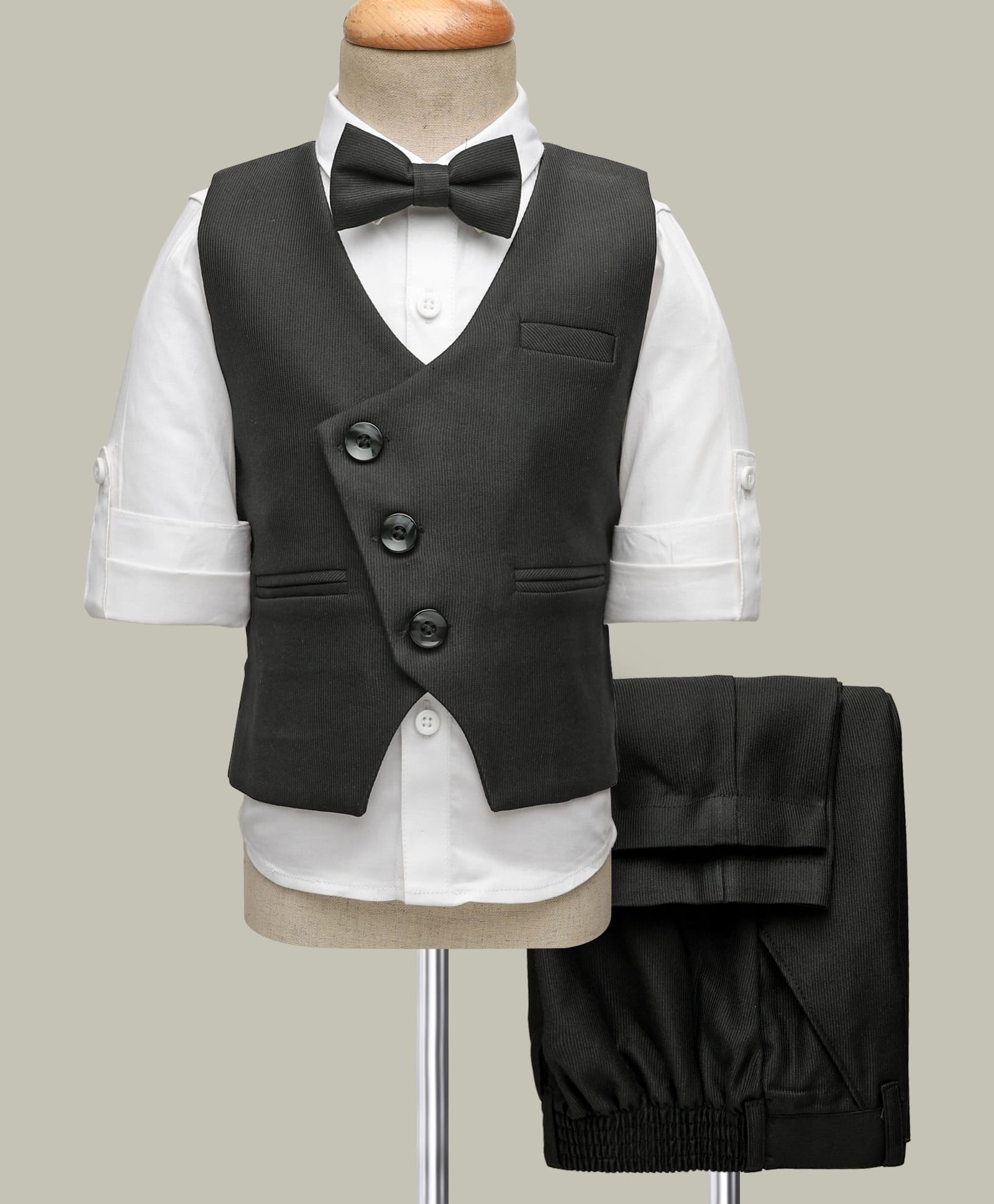 Robo Fry Cotton Woven Full Sleeves Solid Color 3 Piece Party Suits with Bow - Black-picture-17