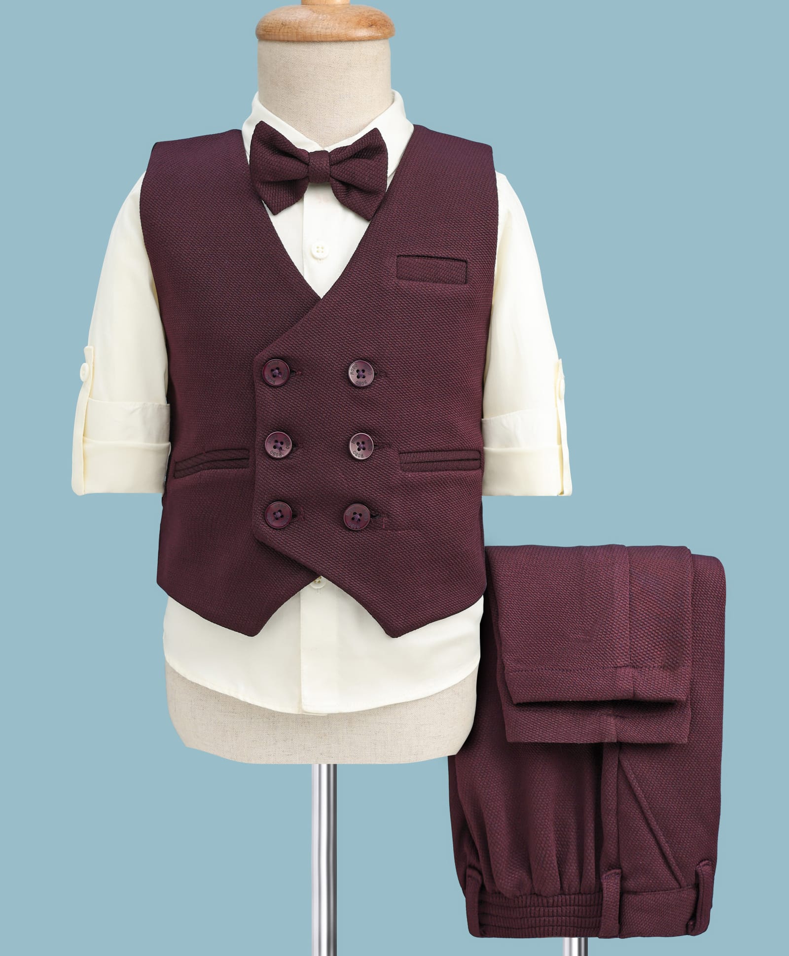 Robo Fry Cotton Woven Full Sleeves Solid 3 Piece Party Suit With Bow Applique - Maroon-image-43