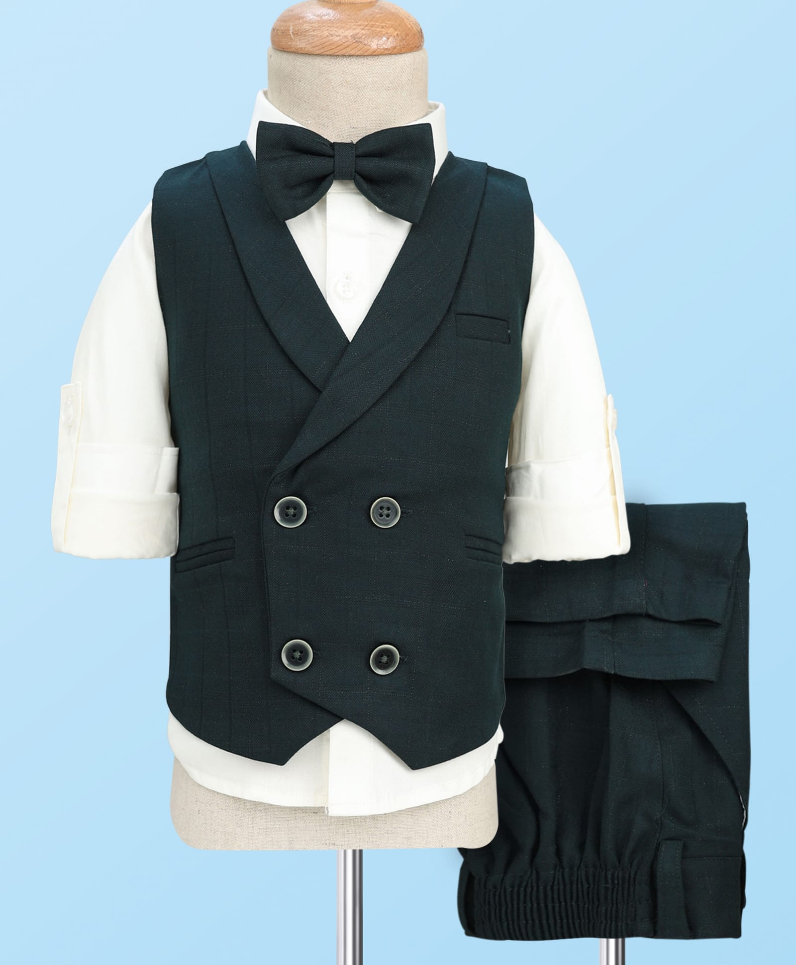 Robo Fry Cotton Woven Full Sleeves Solid Color 3 Piece Party Suit with Bow - Dark Green-picture-38