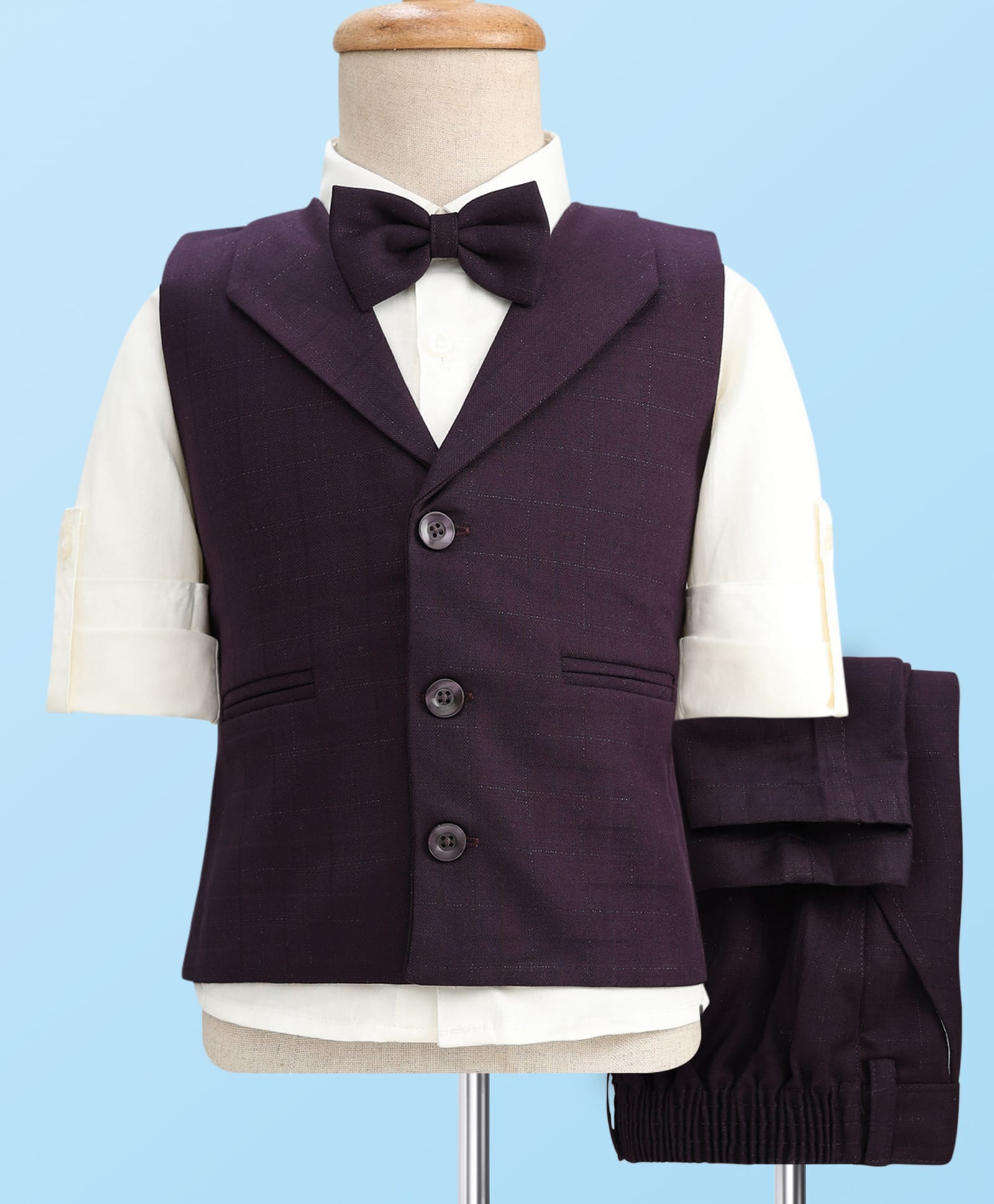 Robo Fry Cotton Woven Full Sleeves 3 Piece Partywear Suit With Bow - Purple-picture-29