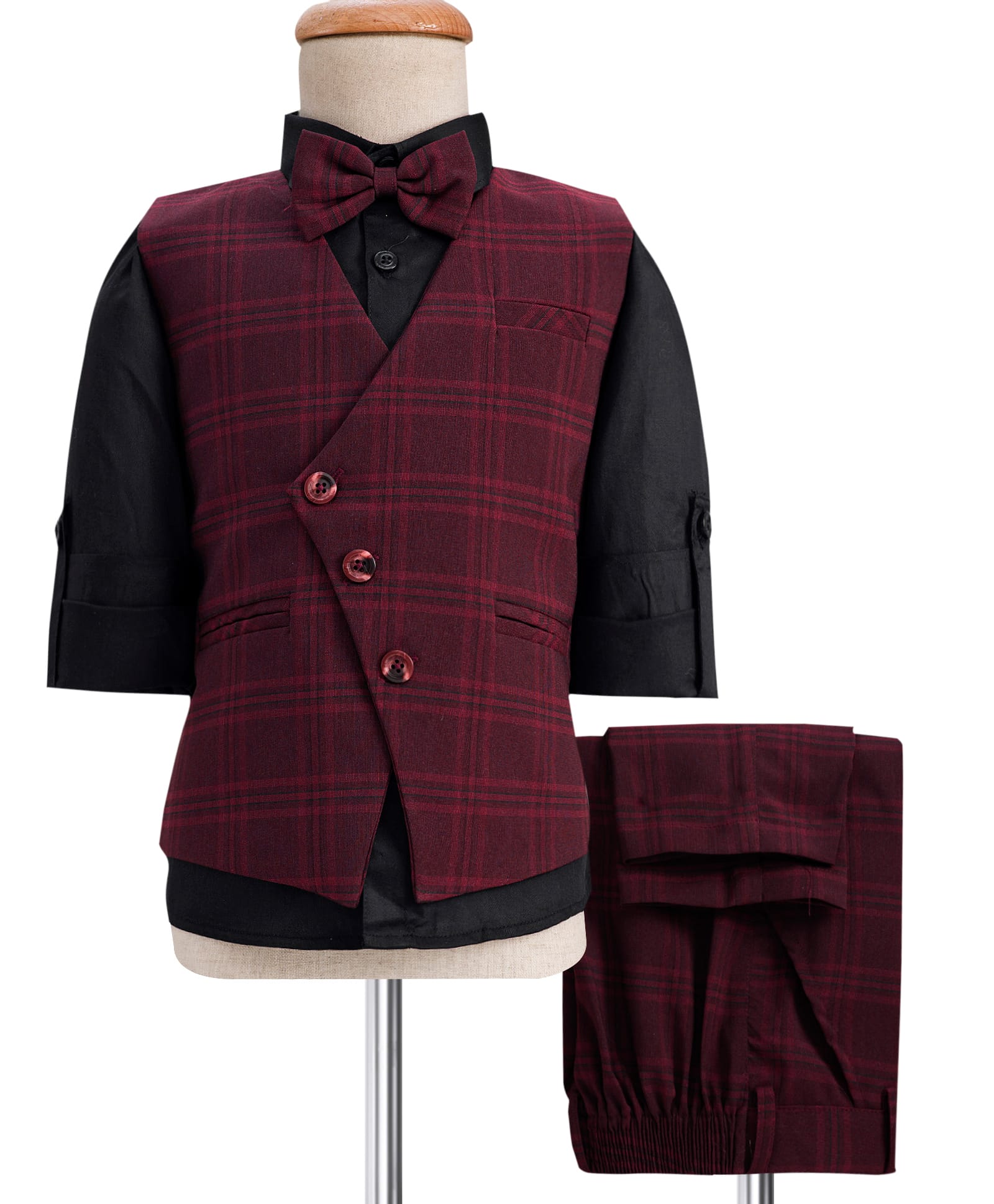 Robo Fry Cotton Woven Full Sleeves Solid Color 3 Pieces Party Suit - Black & Maroon-picture-31