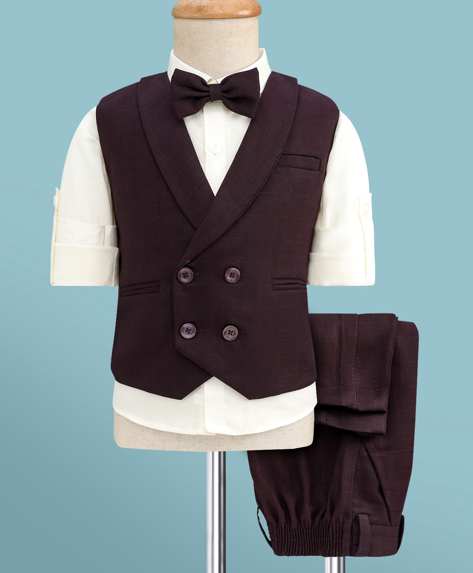 robo fry ToffyHouse Cotton Woven Full Sleeves 3 Piece Party Suit with Bow & Checks - Wine-picture-30