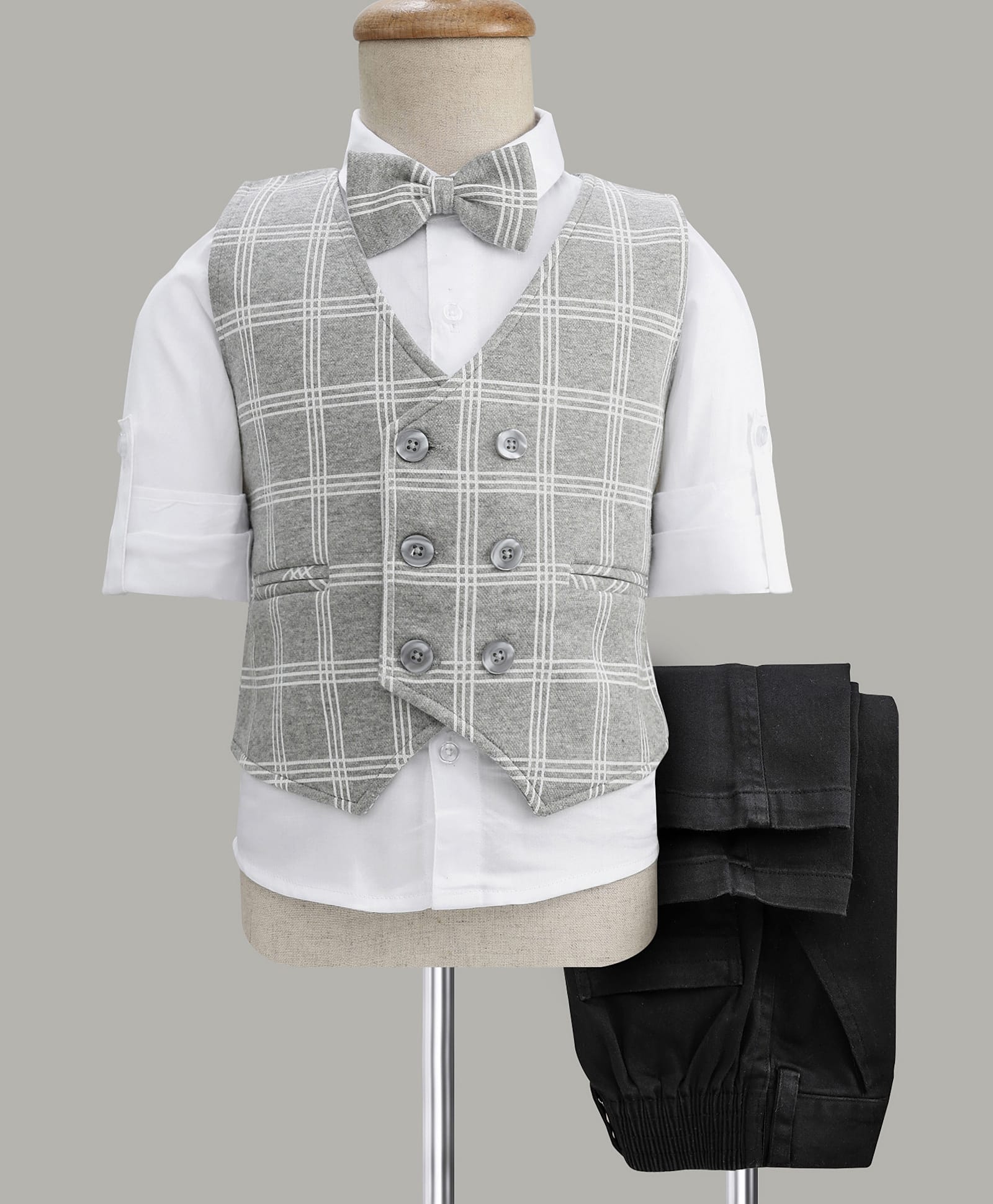 Robo Fry Cotton Woven Full Sleeves Checks 3 Piece Party Suit With Bow - Light Grey-picture-36
