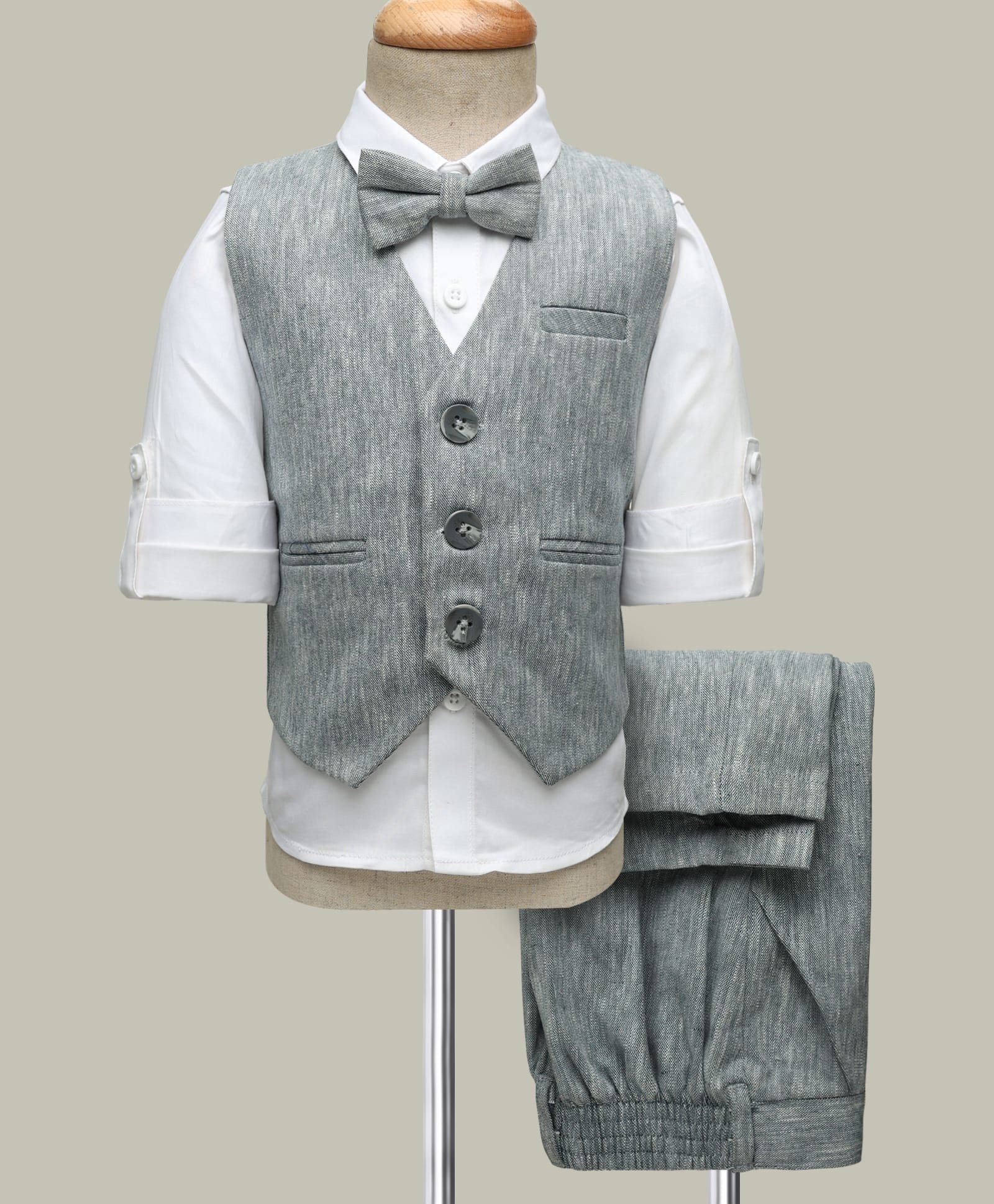 Robo Fry Cotton Woven Full Sleeves Solid Color 3 Piece Party Suits with Bow - Grey-picture-30