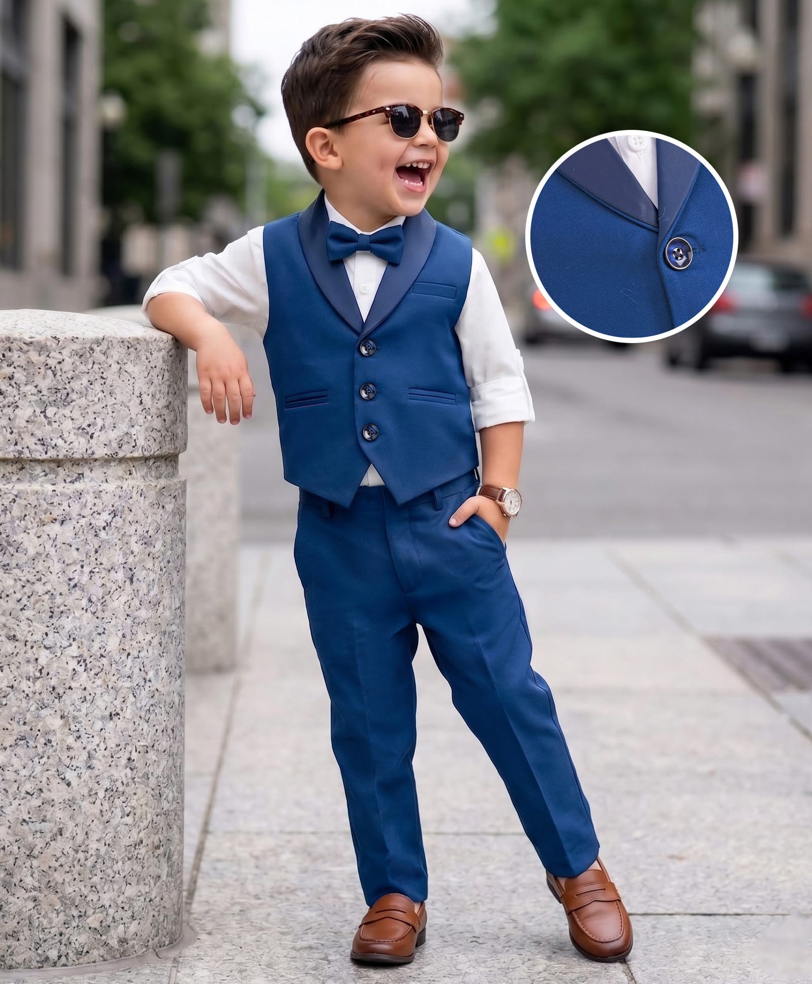 Robo Fry Cotton Woven Full Sleeves Solid Color 3 Pieces Party Suit with Bow - White & Blue-picture-32