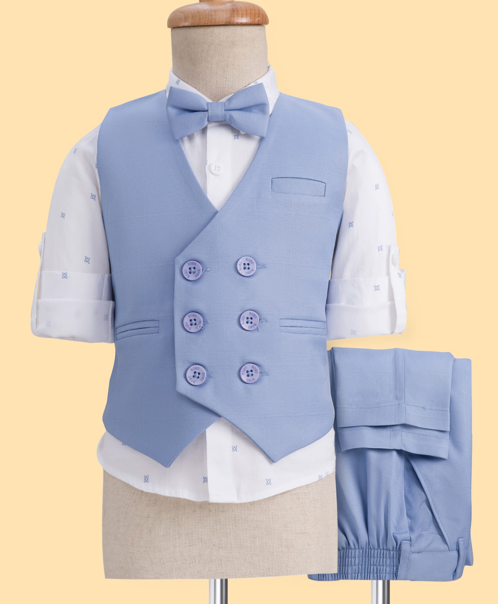 Robo Fry Cotton Woven Full Sleeves Solid 3 Piece Party Suit With Bow - Light Blue & White-image-21