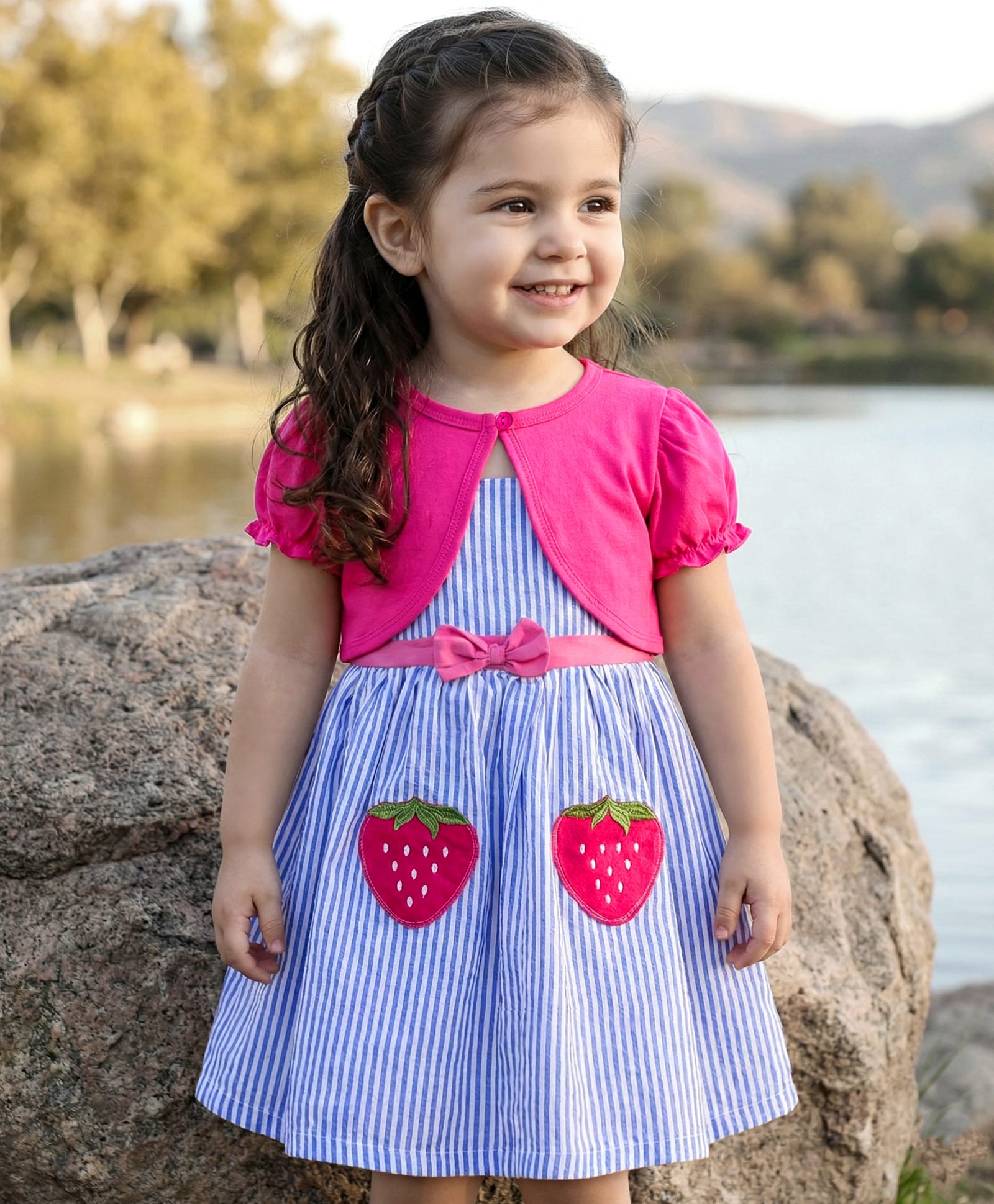 Babyhug Cotton Woven Frock & Half Sleeves Shrug With Strawberry Patch & Bow Applique - White & Dark Pink-image-29