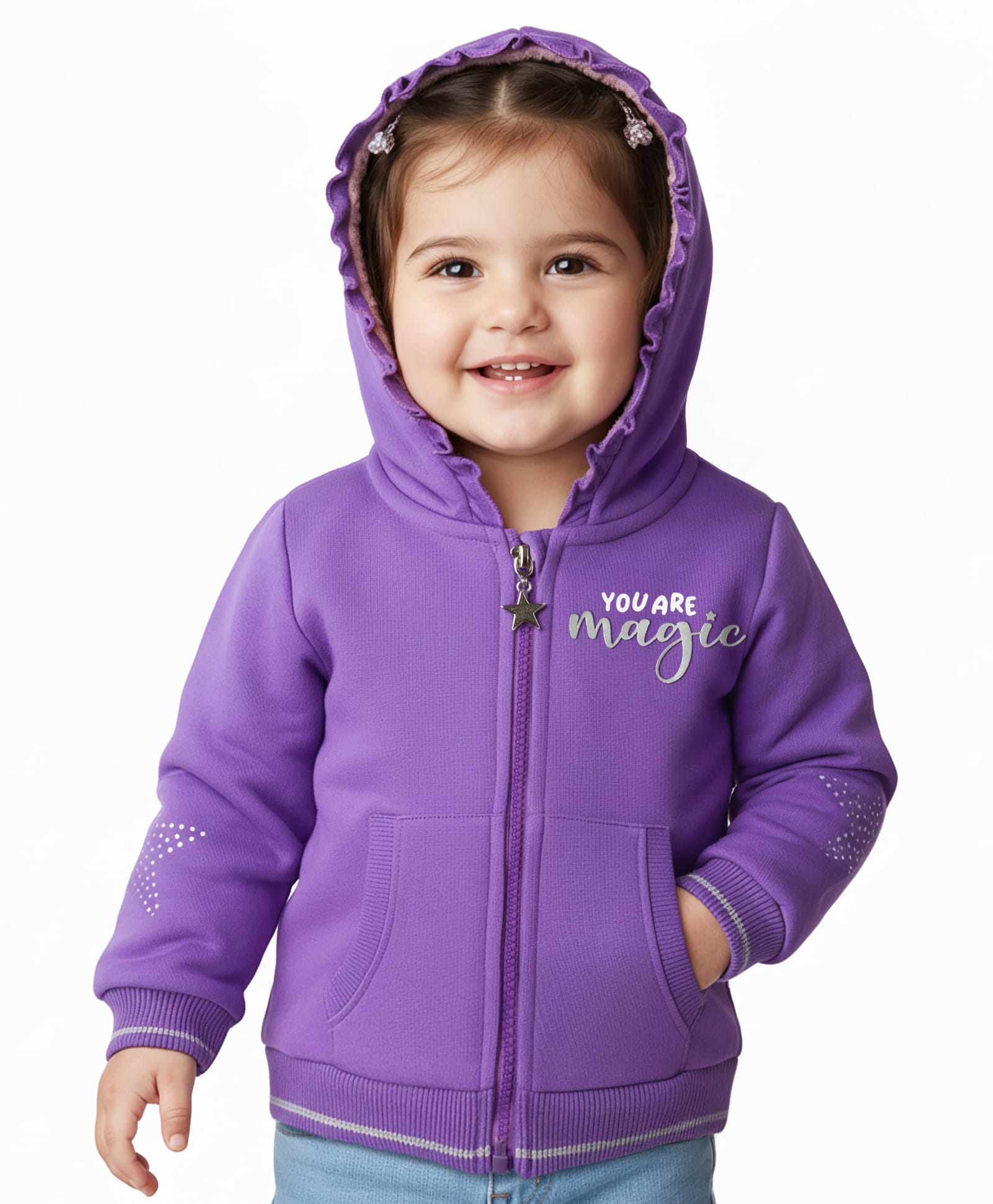 Babyhug Cotton Knit Full Sleeves Hooded Sweatjacket With HD Text Print & Kangaroo Pockets - Purple-image-2