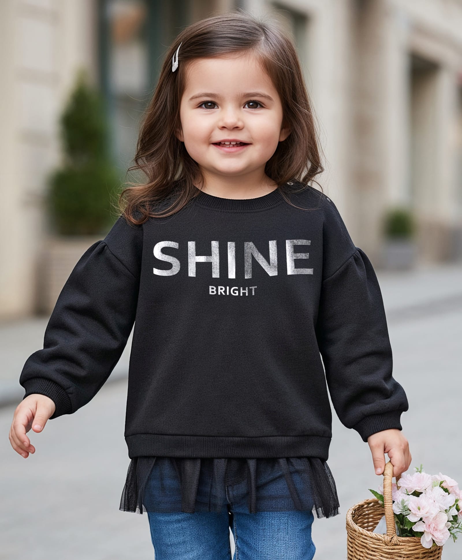 Babyhug Cotton Knit Full Sleeves Sweatshirt with Text Foil Print & Frill Detailing - Black-picture-22