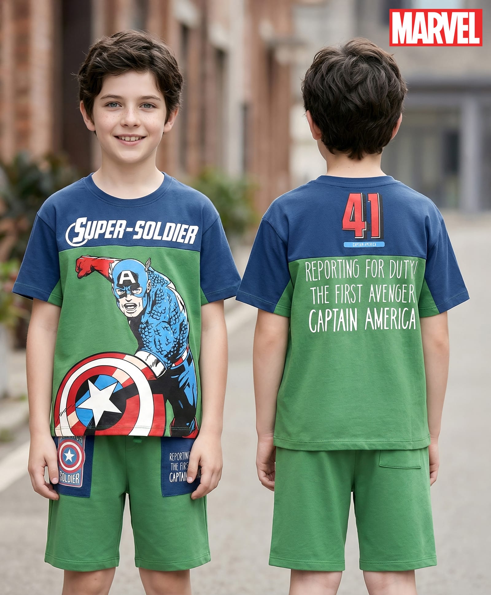 Ollington St. Marvel Single Jersey Knit Half Sleeves Drop Shoulder Oversized Cut & Sew T-Shirt & Shorts Set with Captain America Front & Back Graphics - Green-image-26