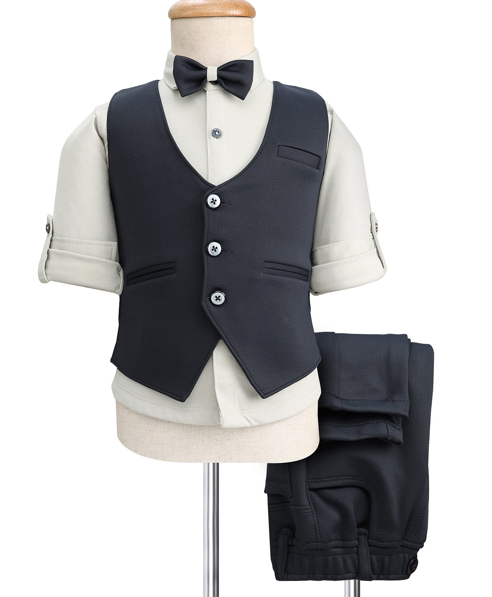 Robo Fry Cotton Woven Full Sleeves Solid 3 Piece Party Suit With Bow - Navy Blue-picture-23