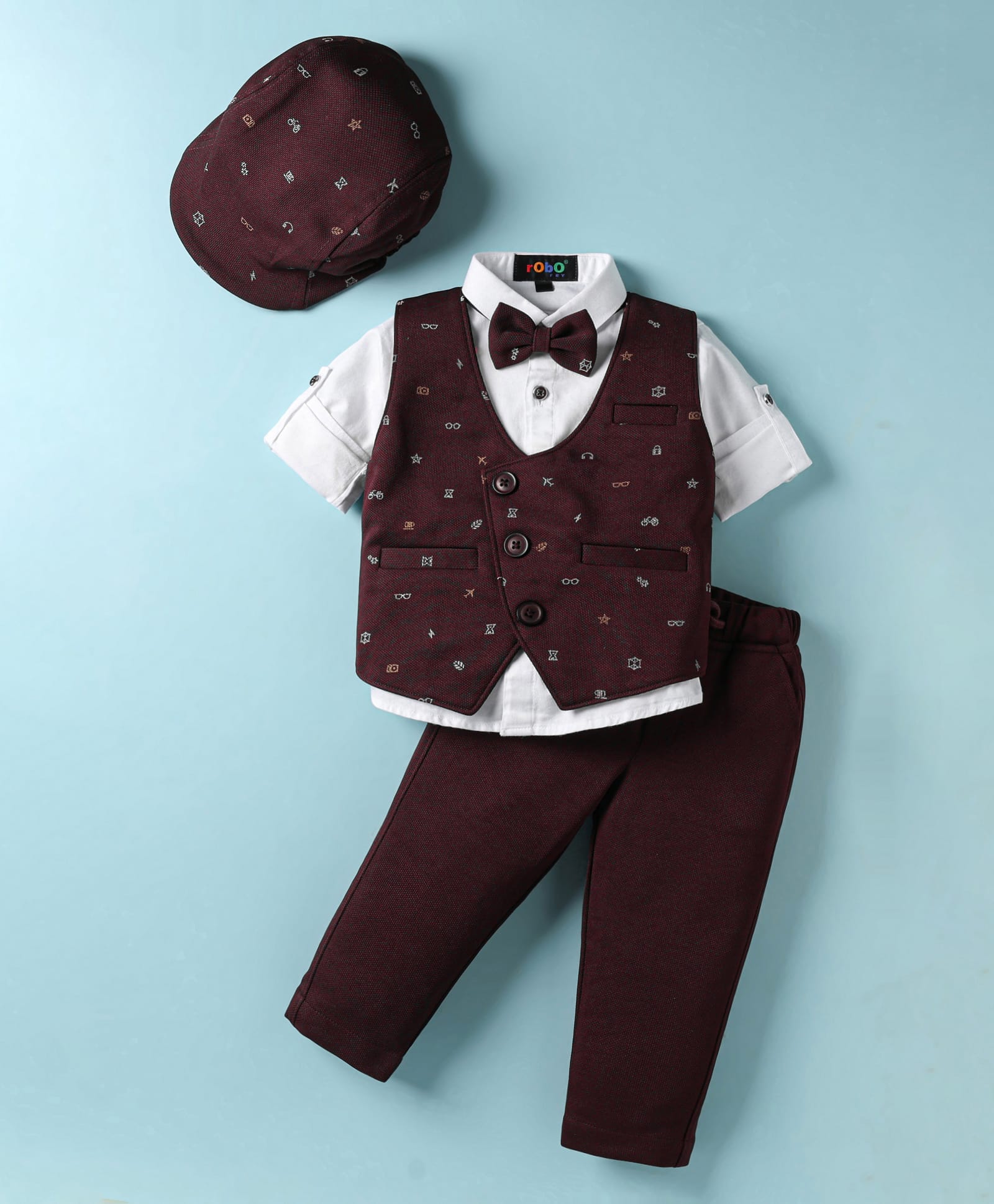Robo Fry Cotton Woven Full Sleeves Printed 3 Piece Party Suit with Bow & Cap - Wine-image-27