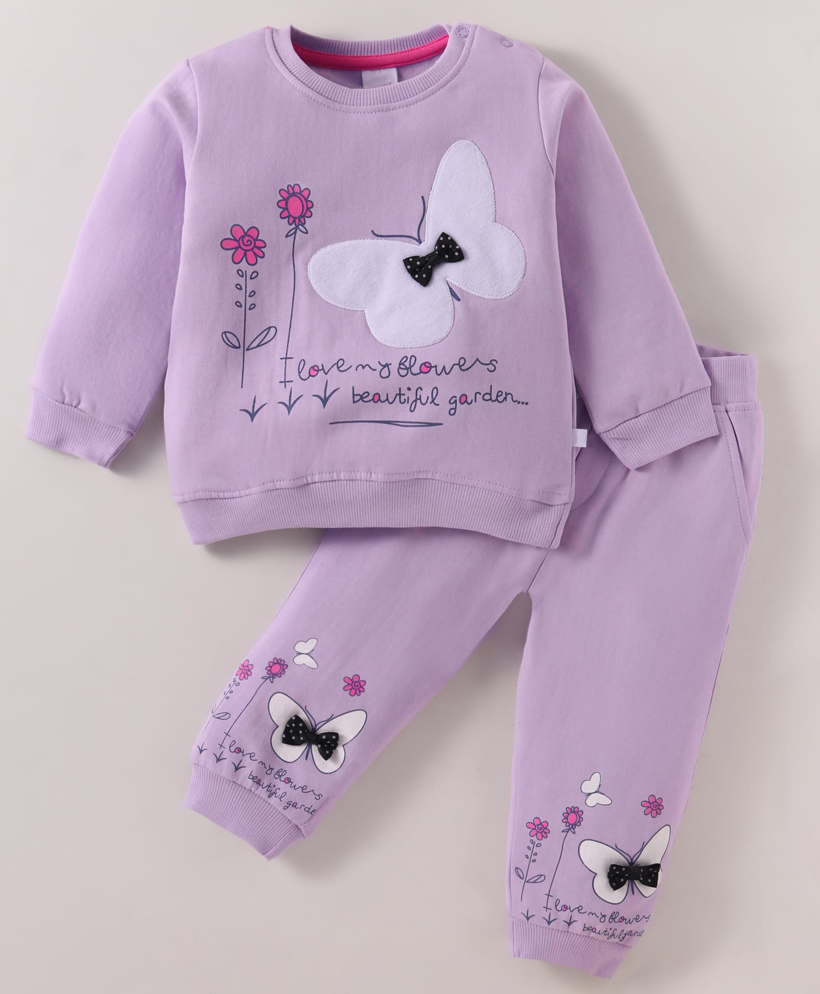Mark & Mia Terry Knit Full Sleeves Winter Wear Sweatshirt & Lounge Pant Set with Patch Butterfly Patch Bow Applique & Text Print - Lavender-image-31
