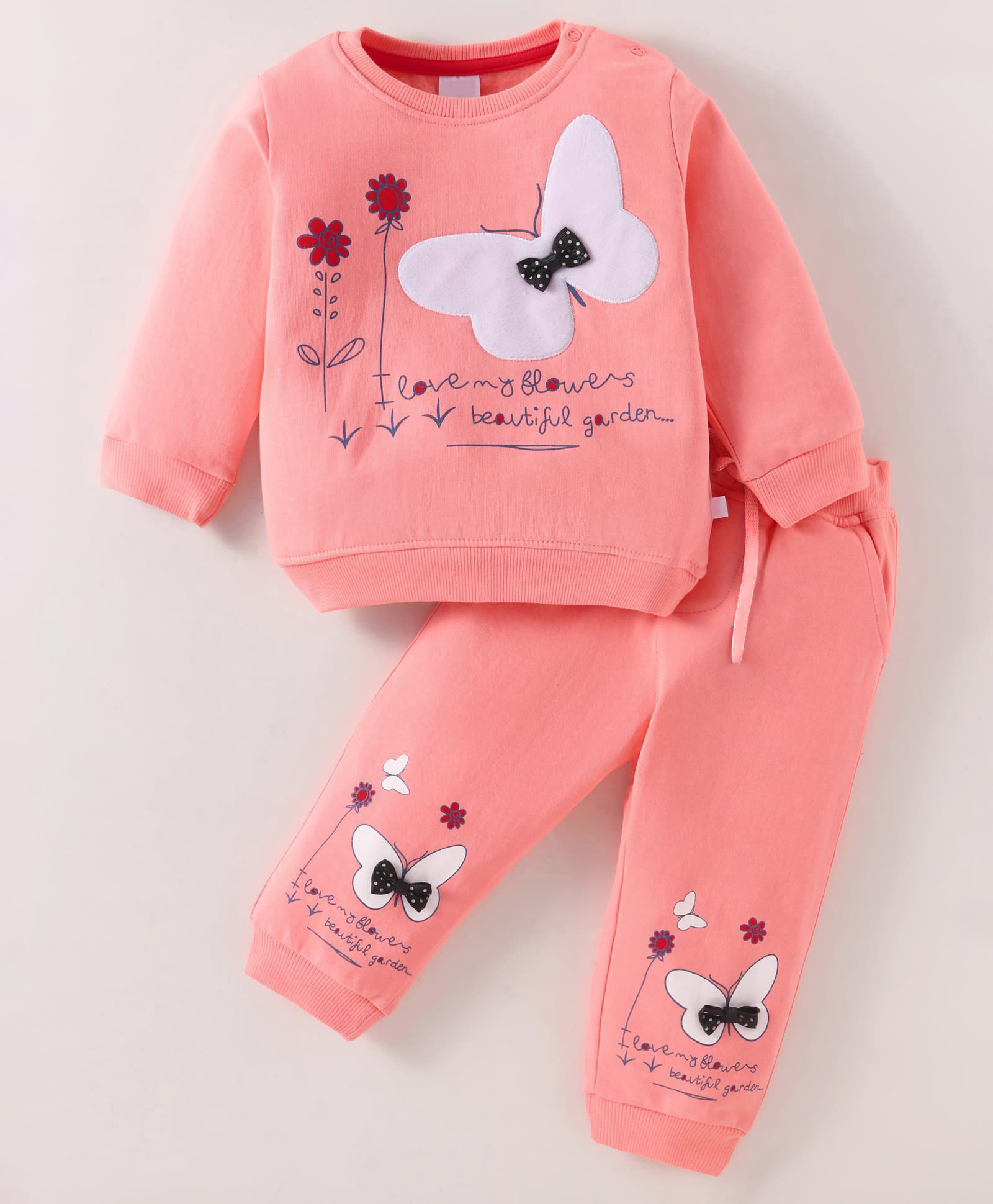 Mark & Mia Terry Knit Full Sleeves Butterfly Printed Winter Wear T-Shirt & Lounge Pant Set with Bow Applique - Pink-image-24