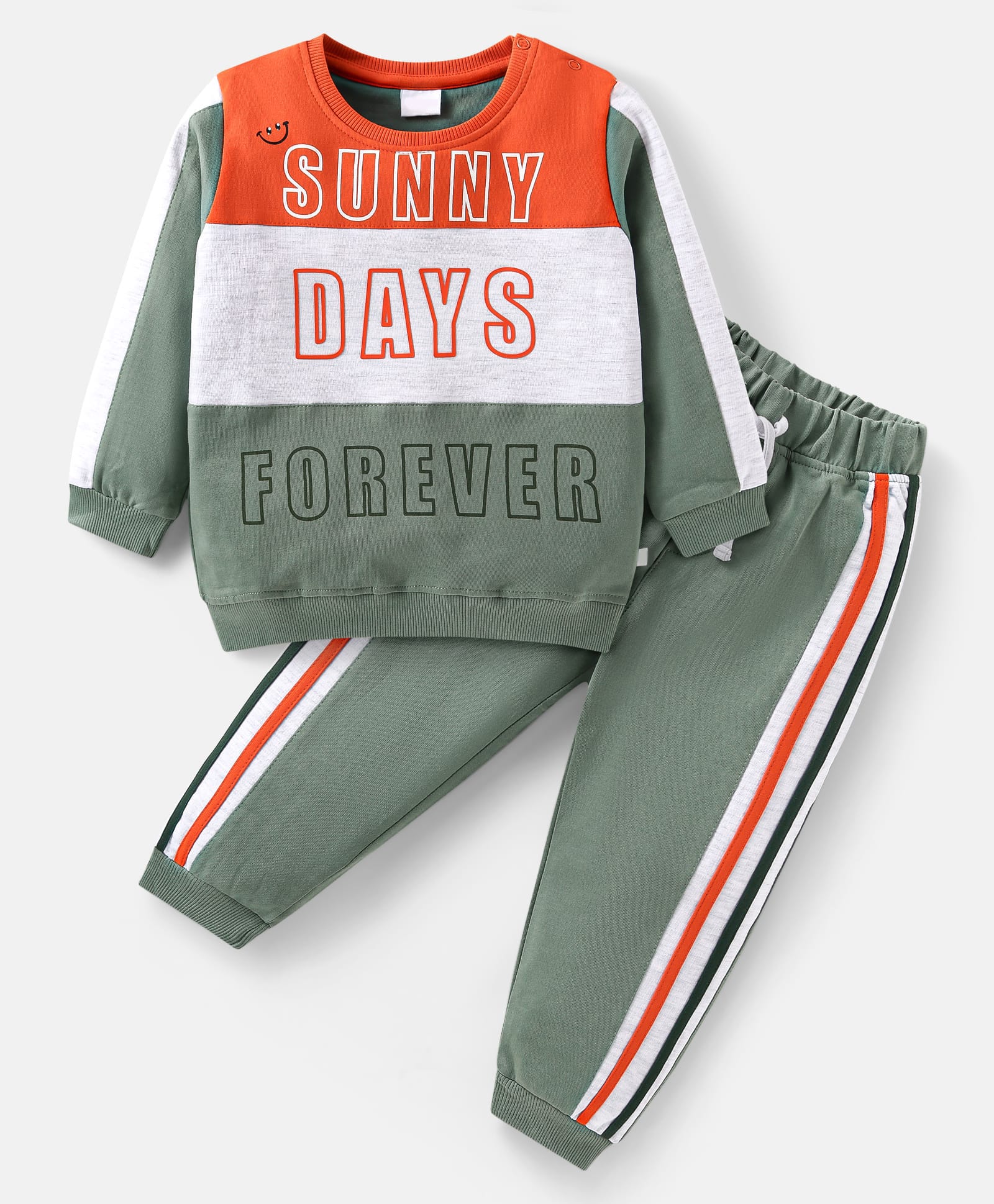 Mark & Mia Terry Knit Full Sleeves Cut & Sew Winter Wear Suit With Text Print & Tape Detailing - Olive Green-image-39