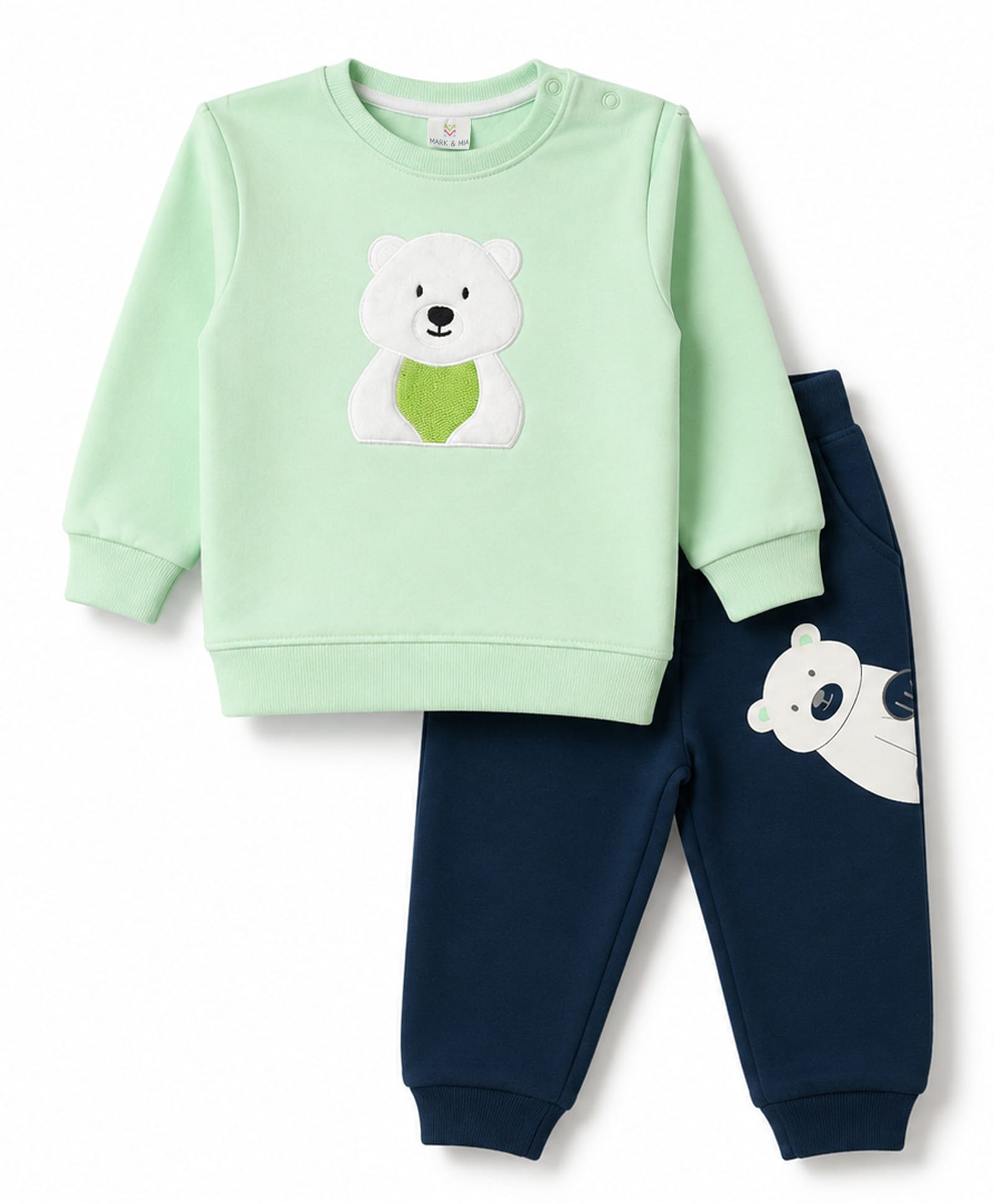 Mark & Mia Terry Knit Full Sleeves Winter Wear Sweatshirt & Lounge Pant Set With Polar Bear Patch Detailing - Navy Blue & Light Green-picture-21