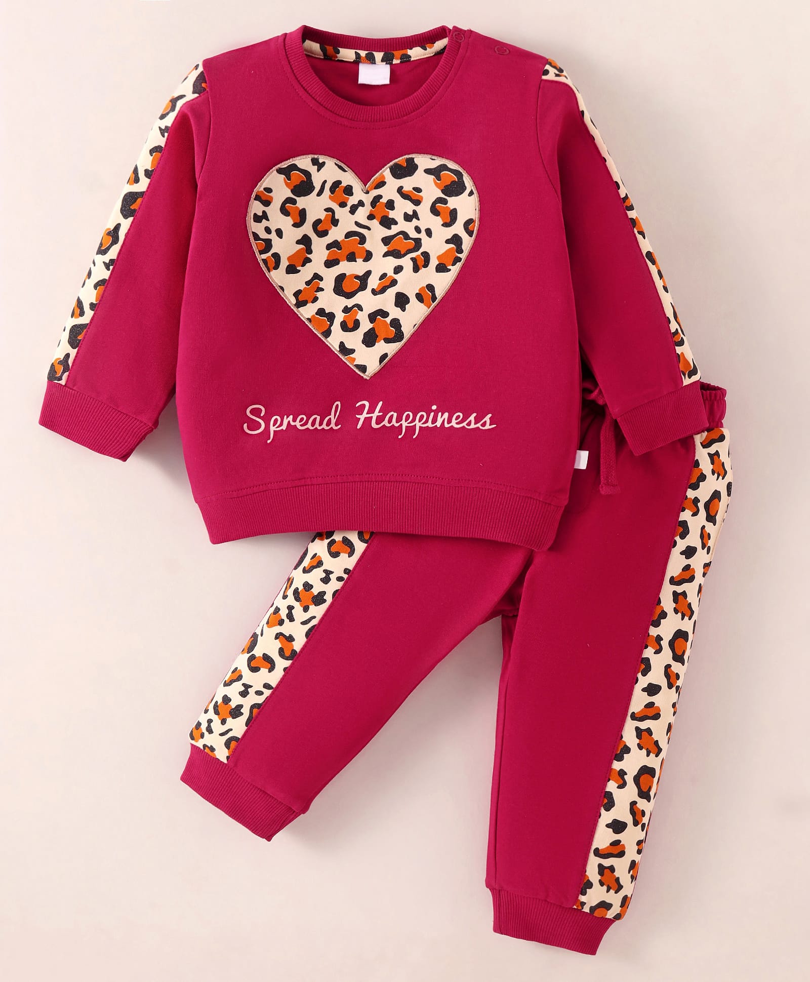 Mark & Mia Terry Knit Full Sleeves Sweatshirt & Lounge Pant Set with Text Print & Heart Patch - Maroon-image-21