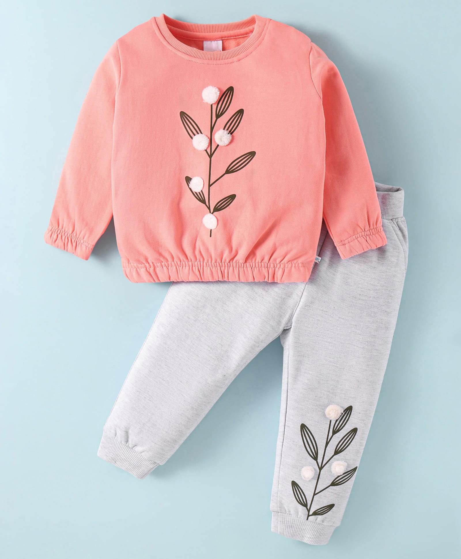 Mark & Mia Terry Knit Full Sleeves Winter Wear Sweatshirt & Lounge Pant Set With Plant Print & Pom Pom Detailing - Pink & Light Grey-image-15