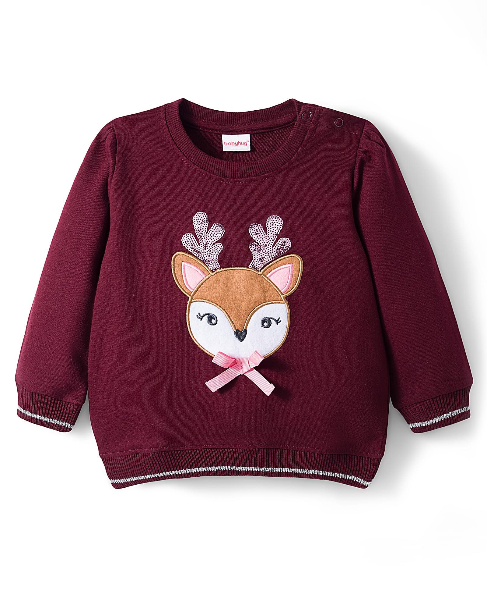 Babyhug Cotton Knit Full Sleeves Sweatshirt With Animal Embroidery & Sequin Detailing - Wine-picture-26