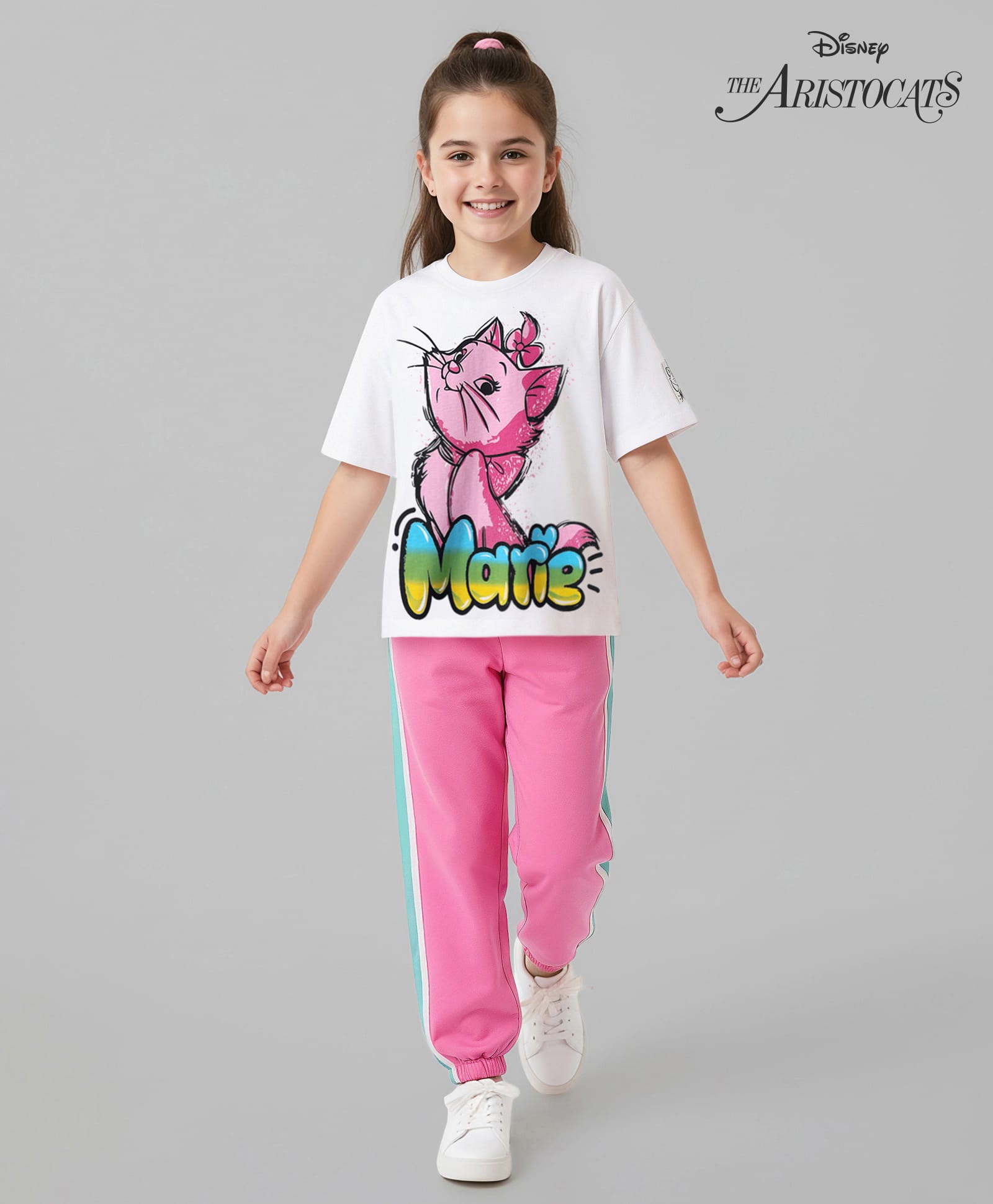 Ollington St. Disney Single Jersey Knit Drop Shoulder Half Sleeves Oversized T-Shirt & Lounge Pant Set with Marie Graphics & Badge Detailing - Pink & White-image-39