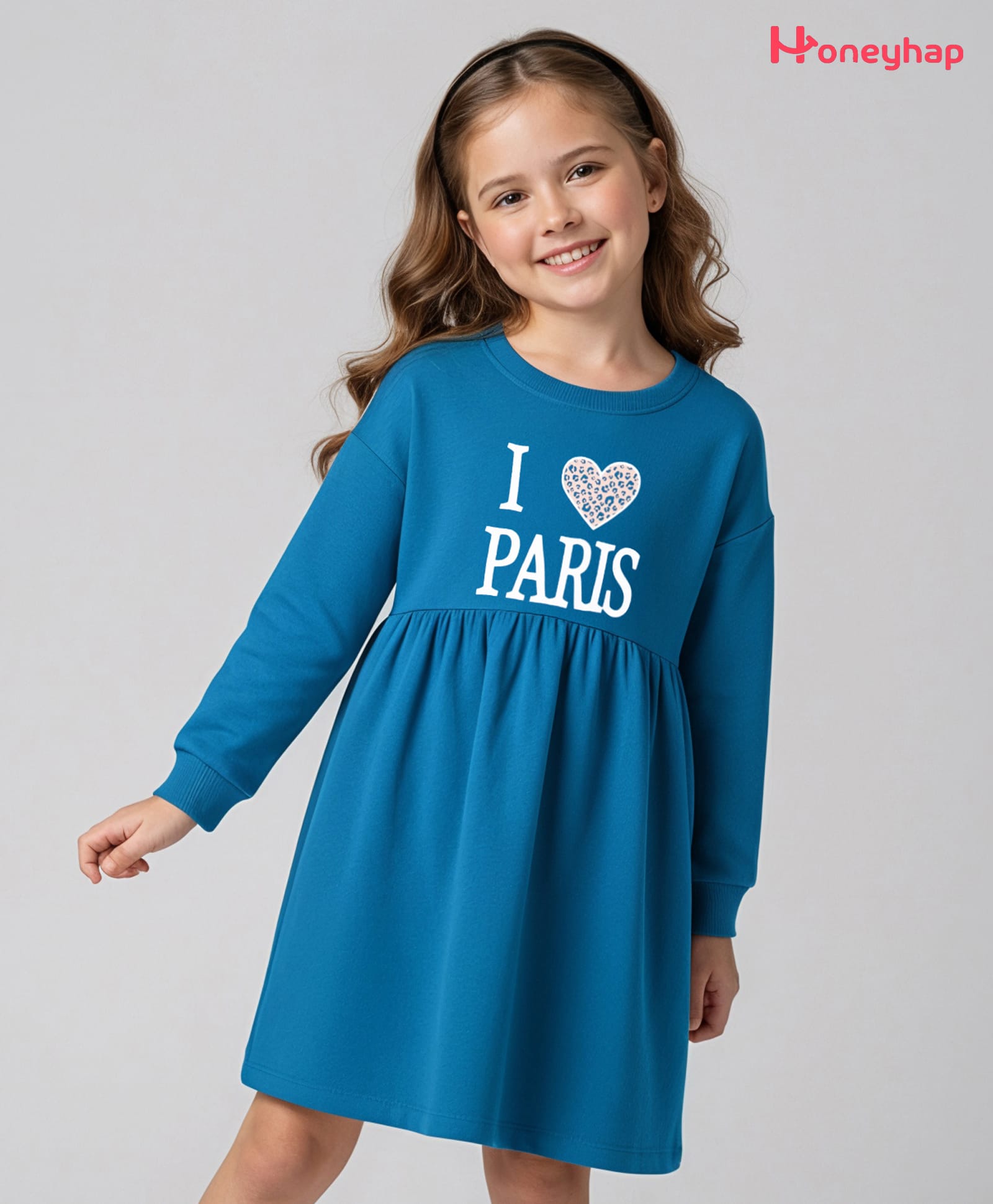 Honeyhap 100% Cotton Knit With Bio Finish Full Sleeves Winter Frock With Text Print - Sailor Blue-image-24