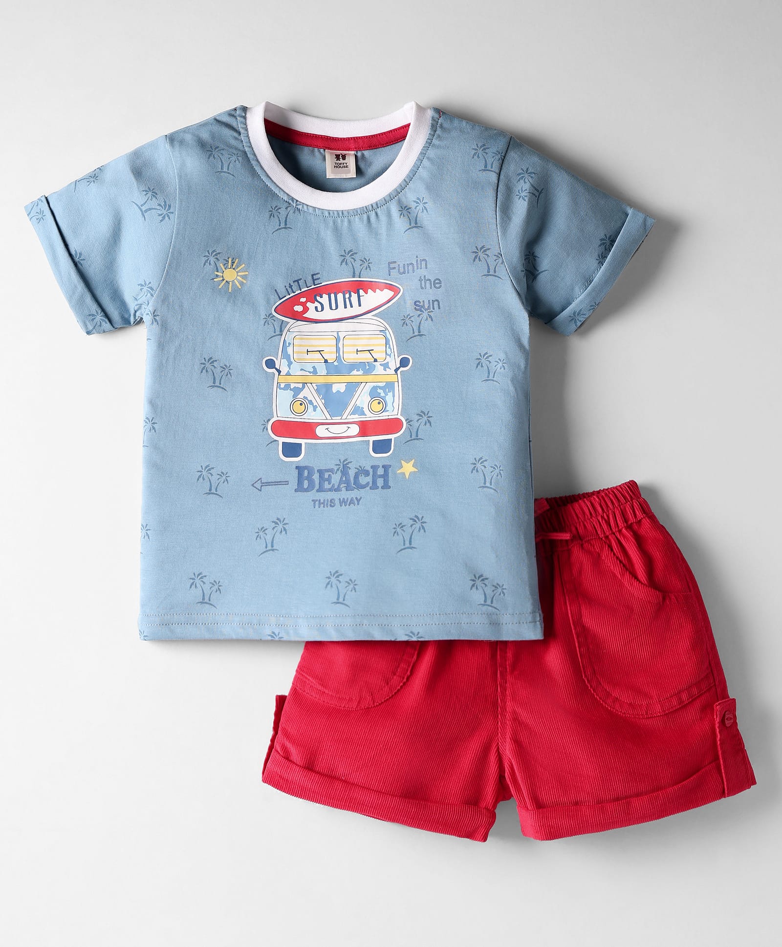 ToffyHouse Cotton Knit Half Sleeves T-Shirt & Shorts Set with Surf & Vehicle Theme Print - Light Blue & Red-image-7