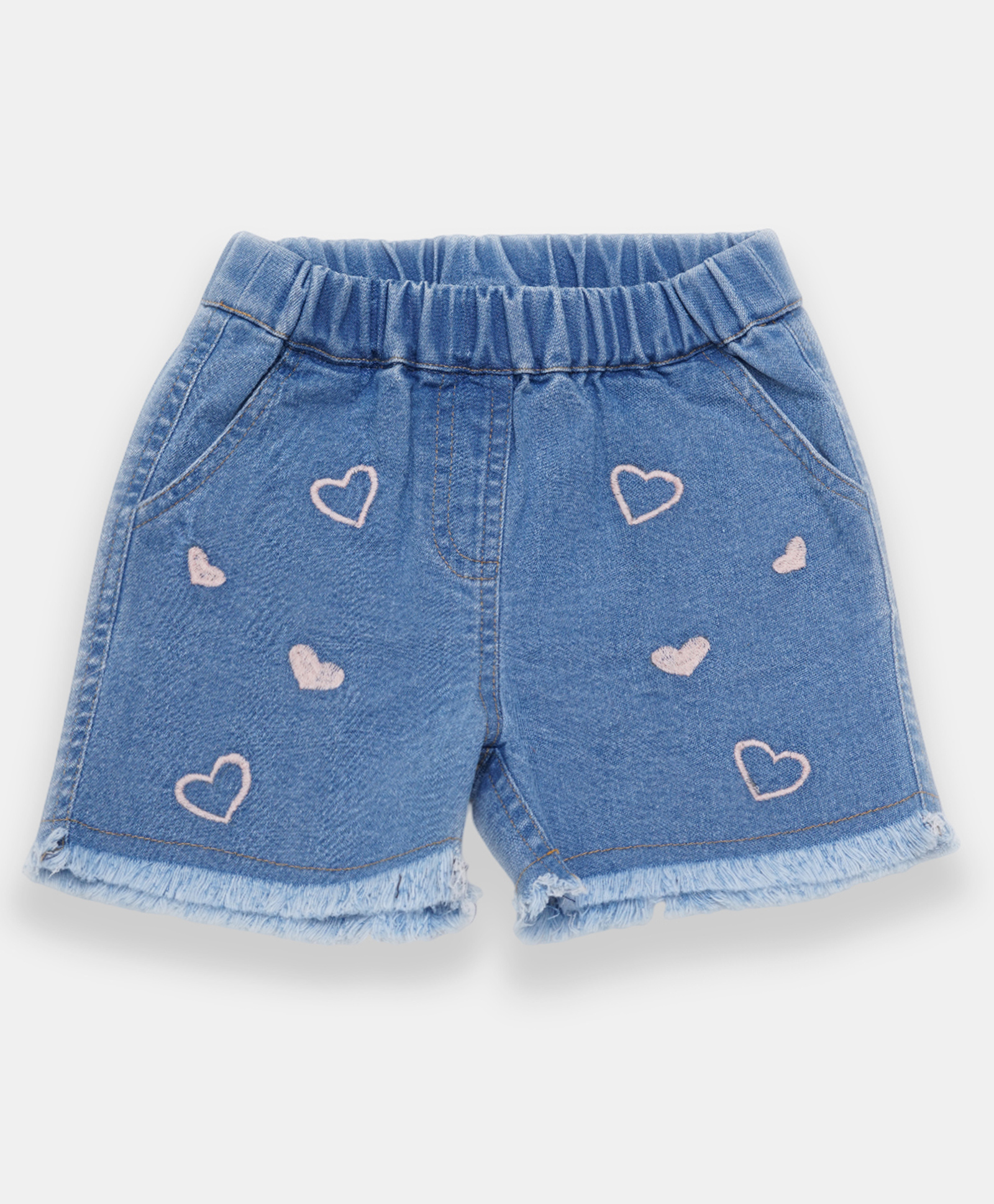 Creative Kids Denim Cotton Hearts Embroidered Frayed Shorts - Light Blue-picture-25