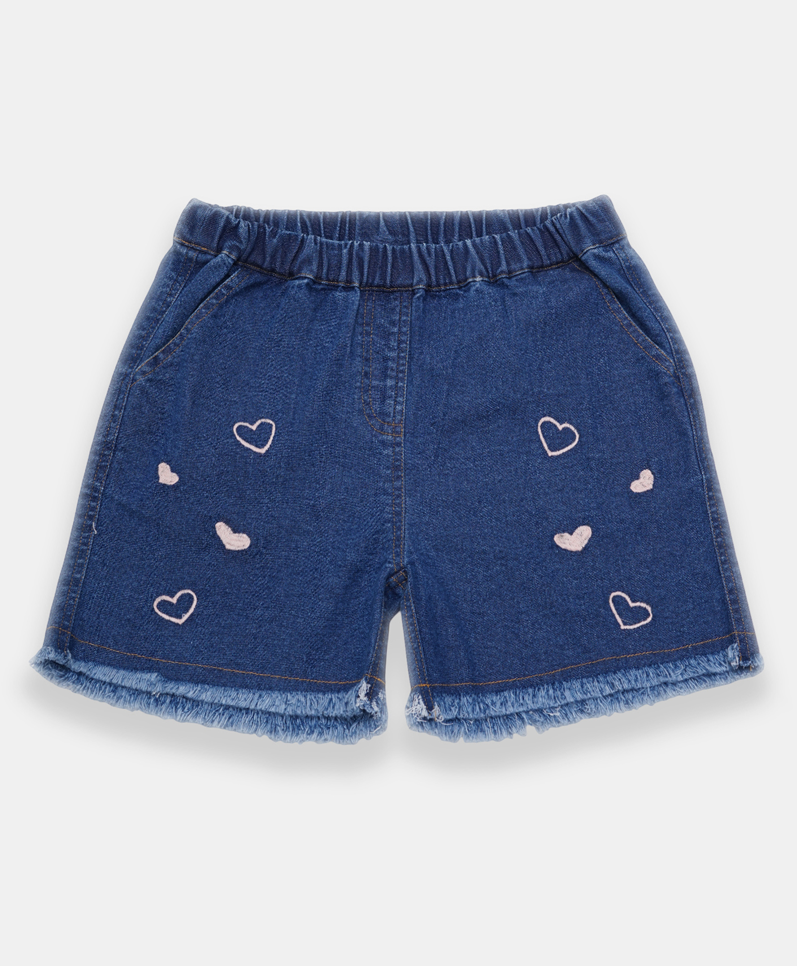 Creative Kids Denim Cotton Hearts Embroidered Frayed Shorts - Navy Blue-picture-18