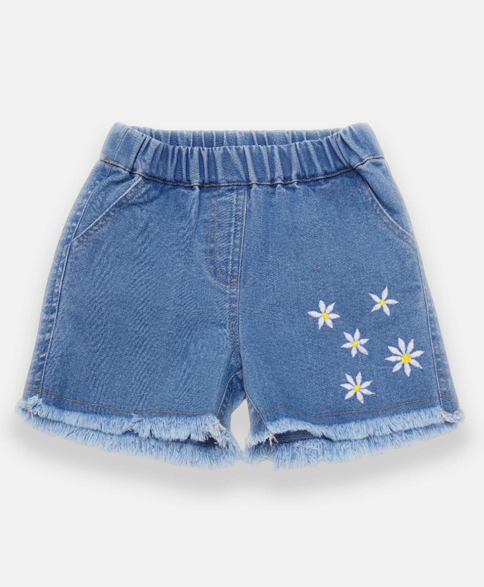 Creative Kids Denim Cotton Floral Embroidered Frayed Shorts - Light Blue-picture-10