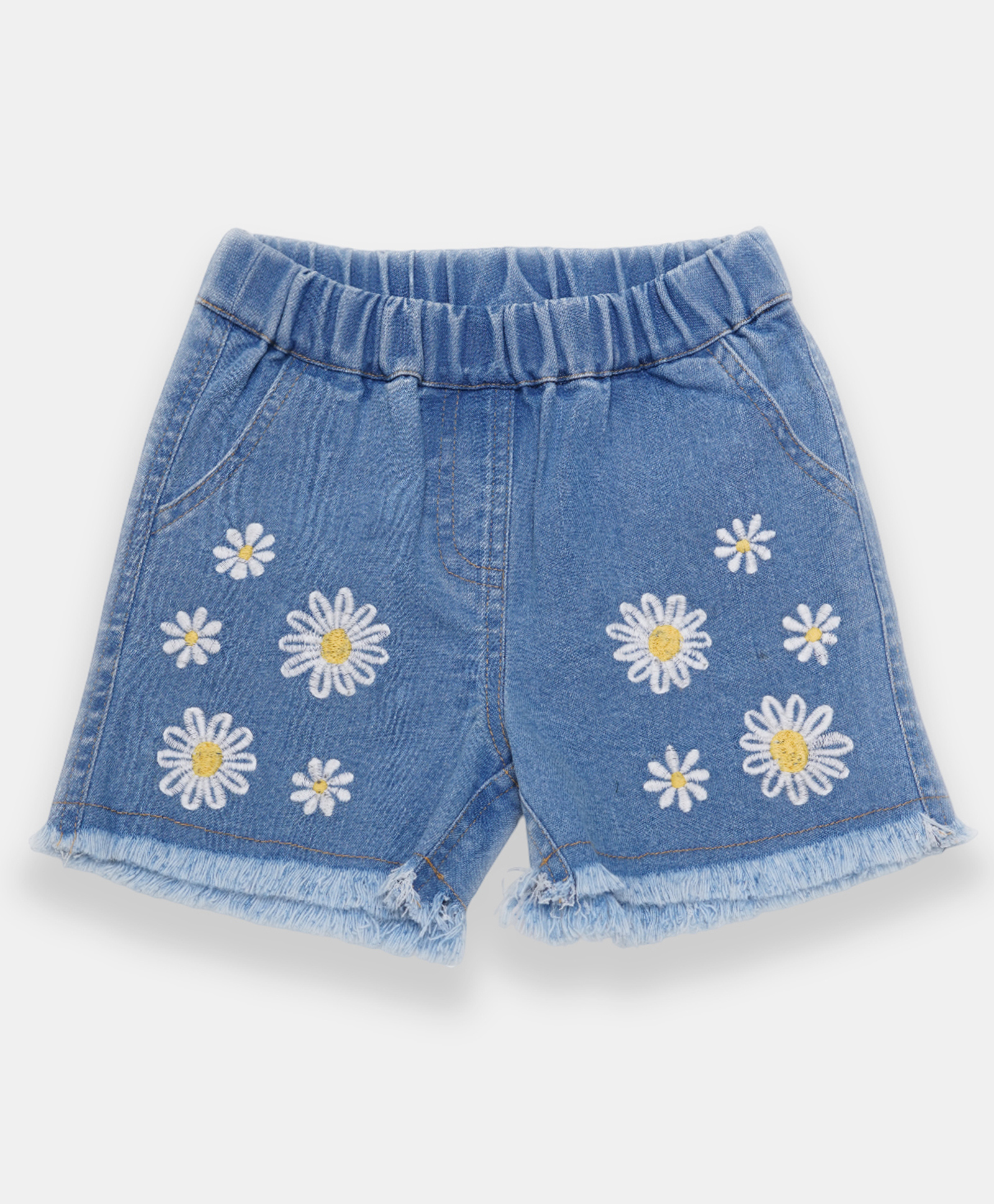Creative Kids Denim Cotton Floral Embroidered Frayed Shorts - Light Blue-picture-11