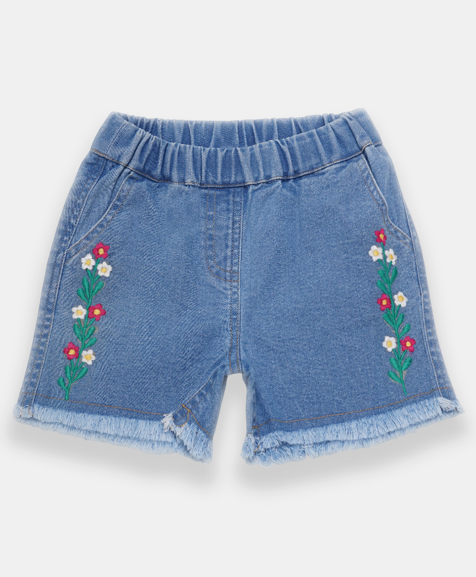 Creative Kids Denim Cotton Floral Embroidered Frayed Shorts - Light Blue-picture-6