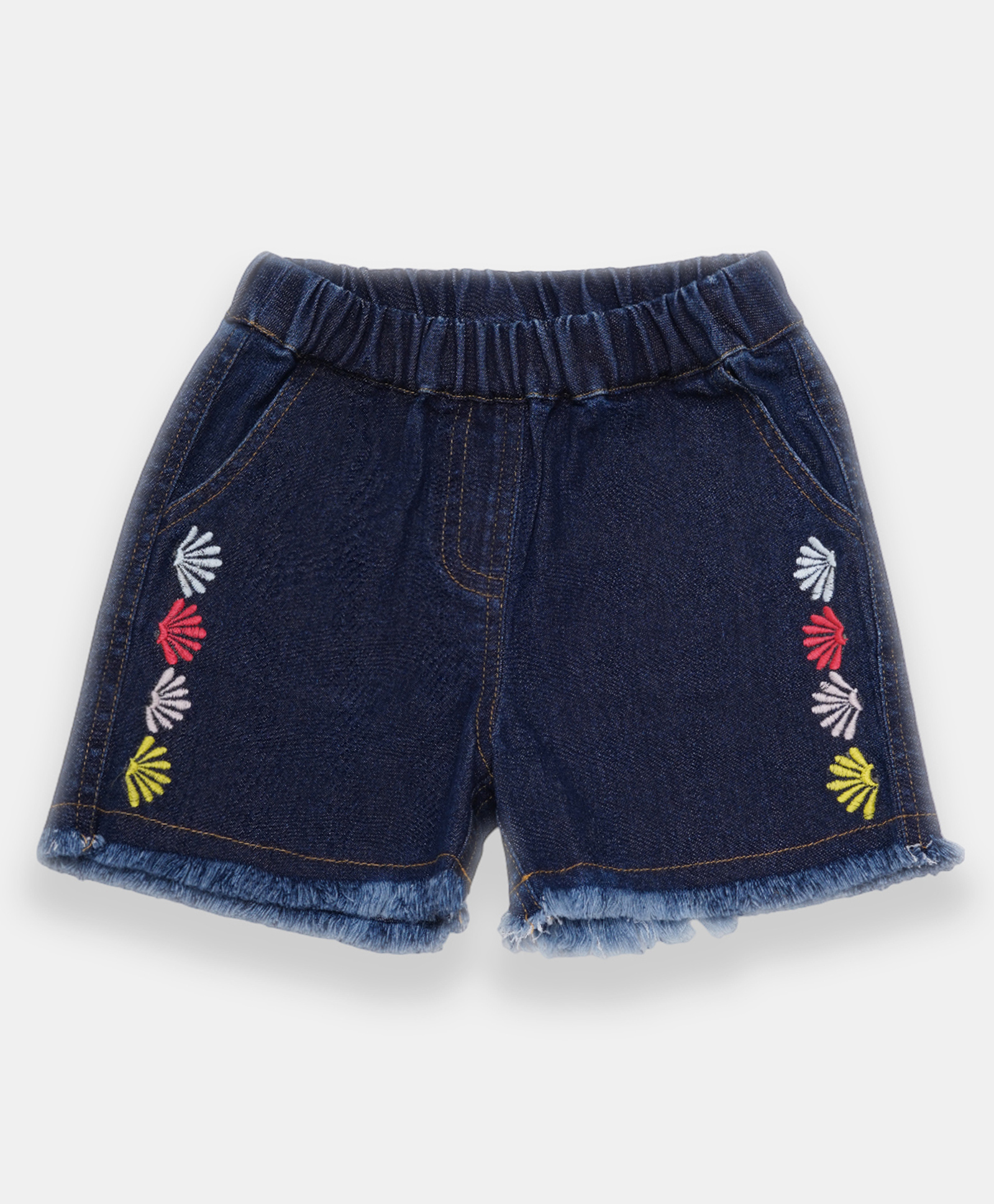 Creative Kids Denim Cotton Floral Embroidered Frayed Shorts - Navy Blue-picture-22