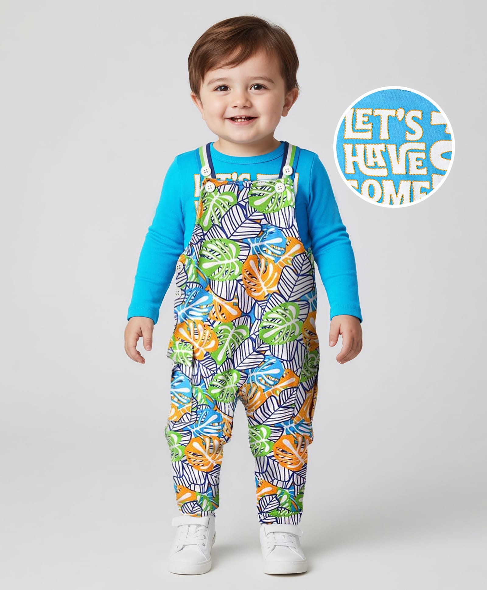 Babyoye Single Jersey Knit Full Sleeves T-Shirt & Dungaree with With Lets Have Some & Leaves Print - Blue-image-26