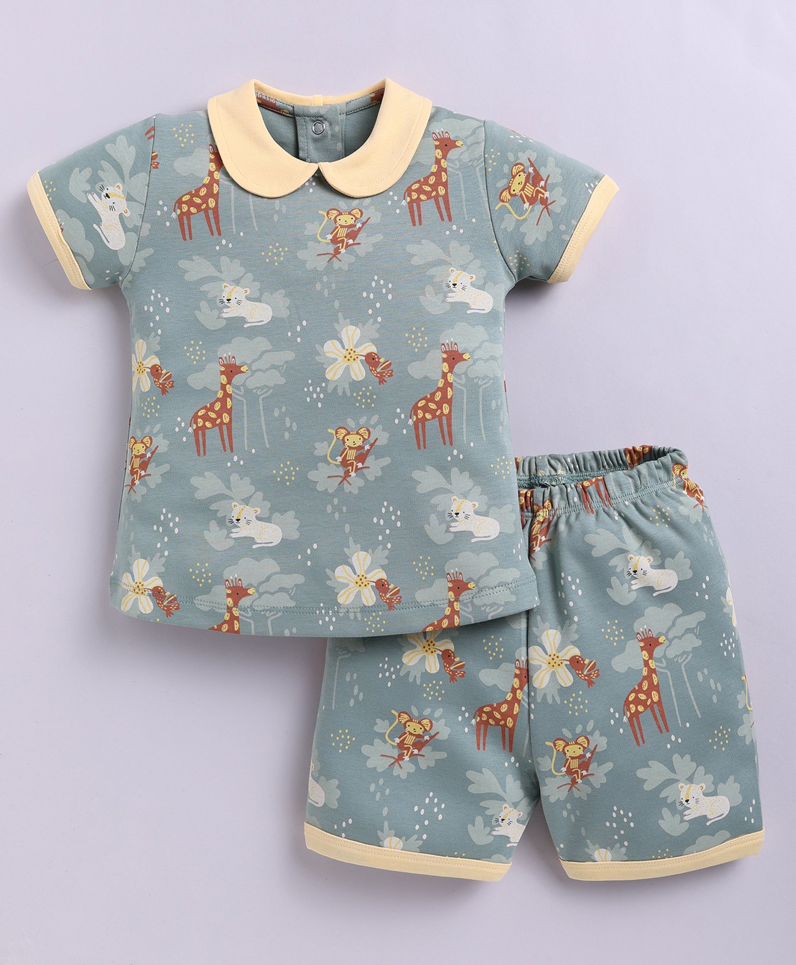 BABY GO Cotton Knit Half Sleeves Animals Printed Tee With Coordinating Shorts Set - Green-picture-11